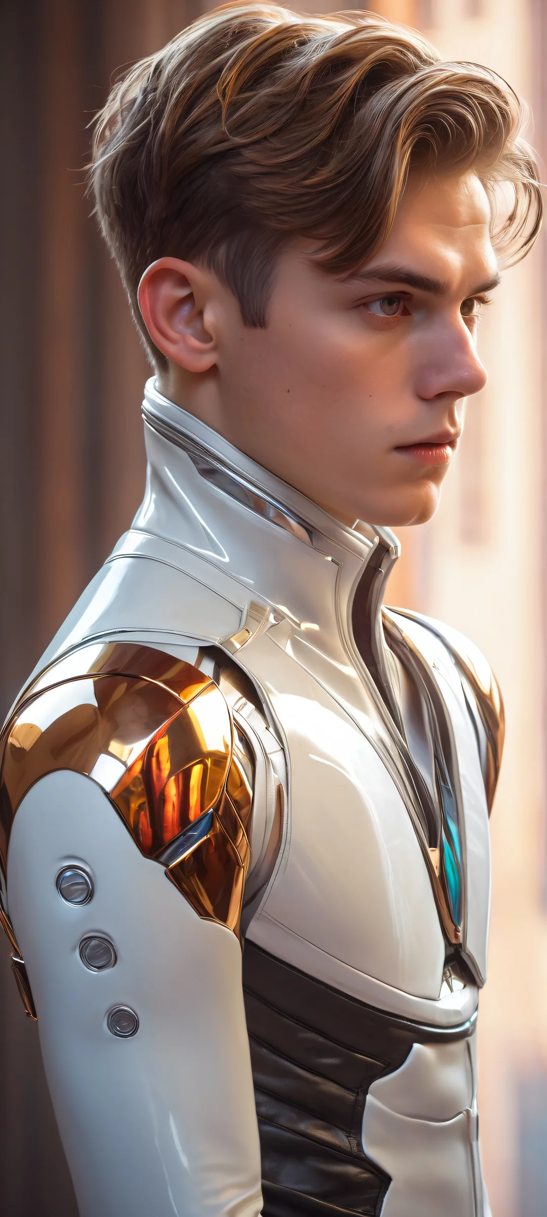 A boy wearing futuristic gloves in a stunning vertical portrait, perfectly optimized for iPhone and Android home screens.