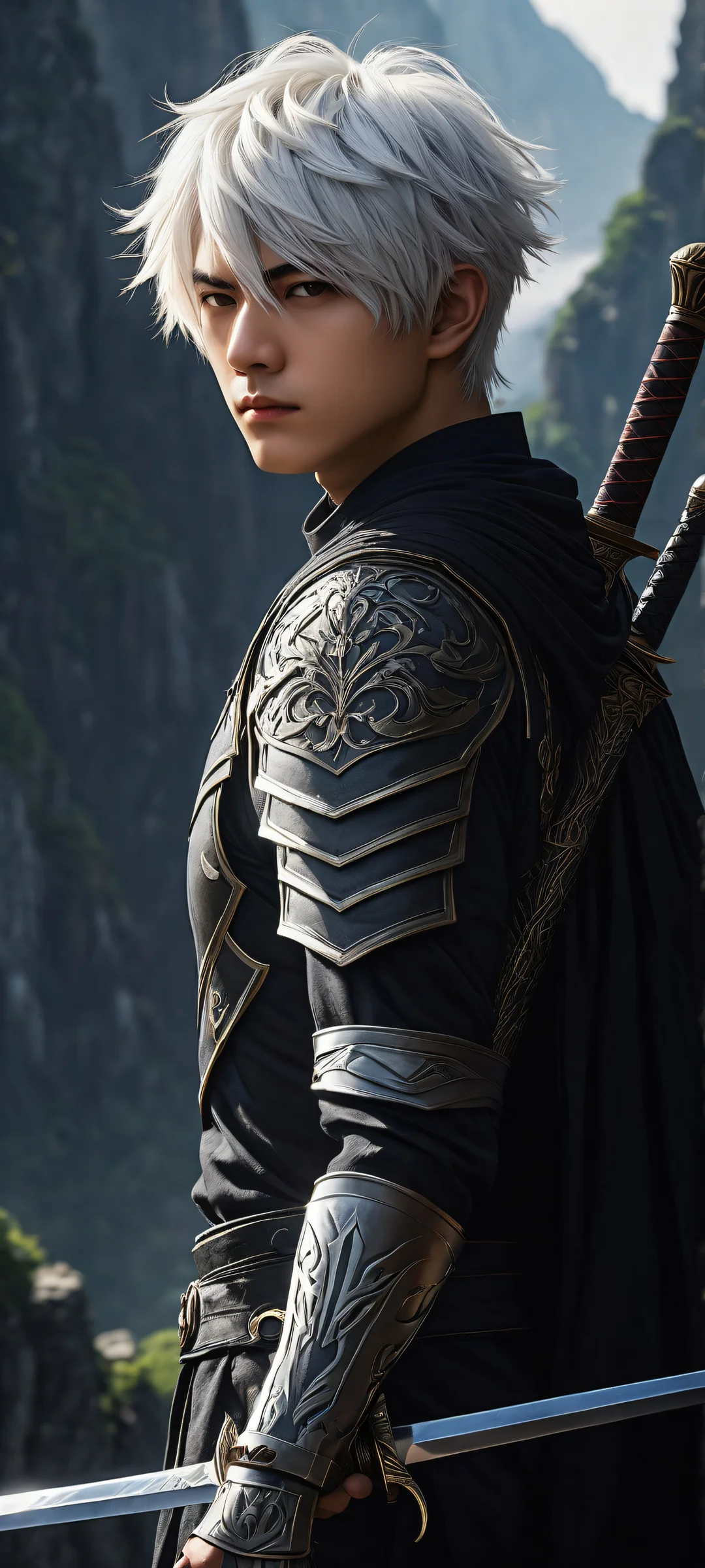 Gabimaru, the anime boy with short white hair and sword, standing amidst a hellish landscape on iPhone/Android