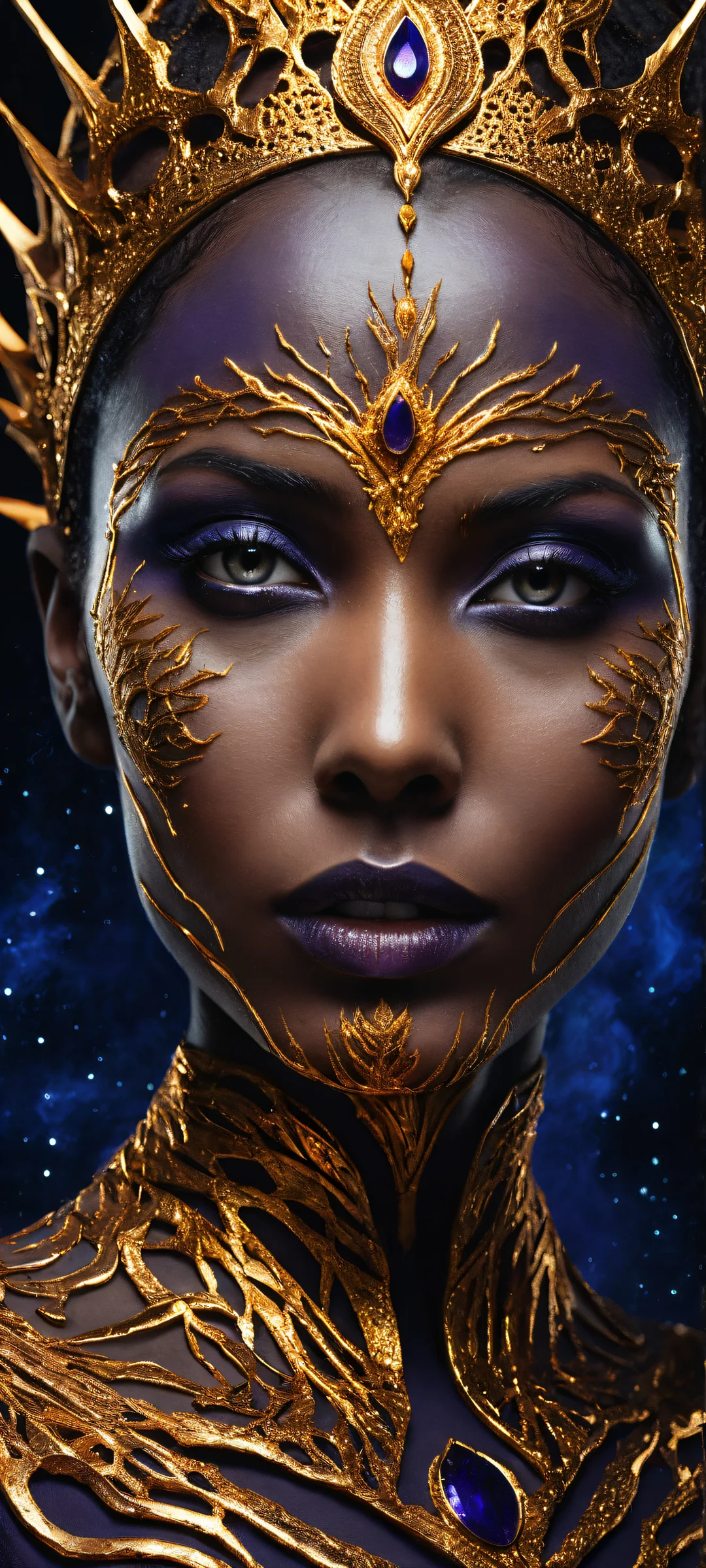 Breathtaking digital art of a woman with molten gold skin, reflecting galaxies in her eyes. Perfectly optimized for iPhone and Android home screens.