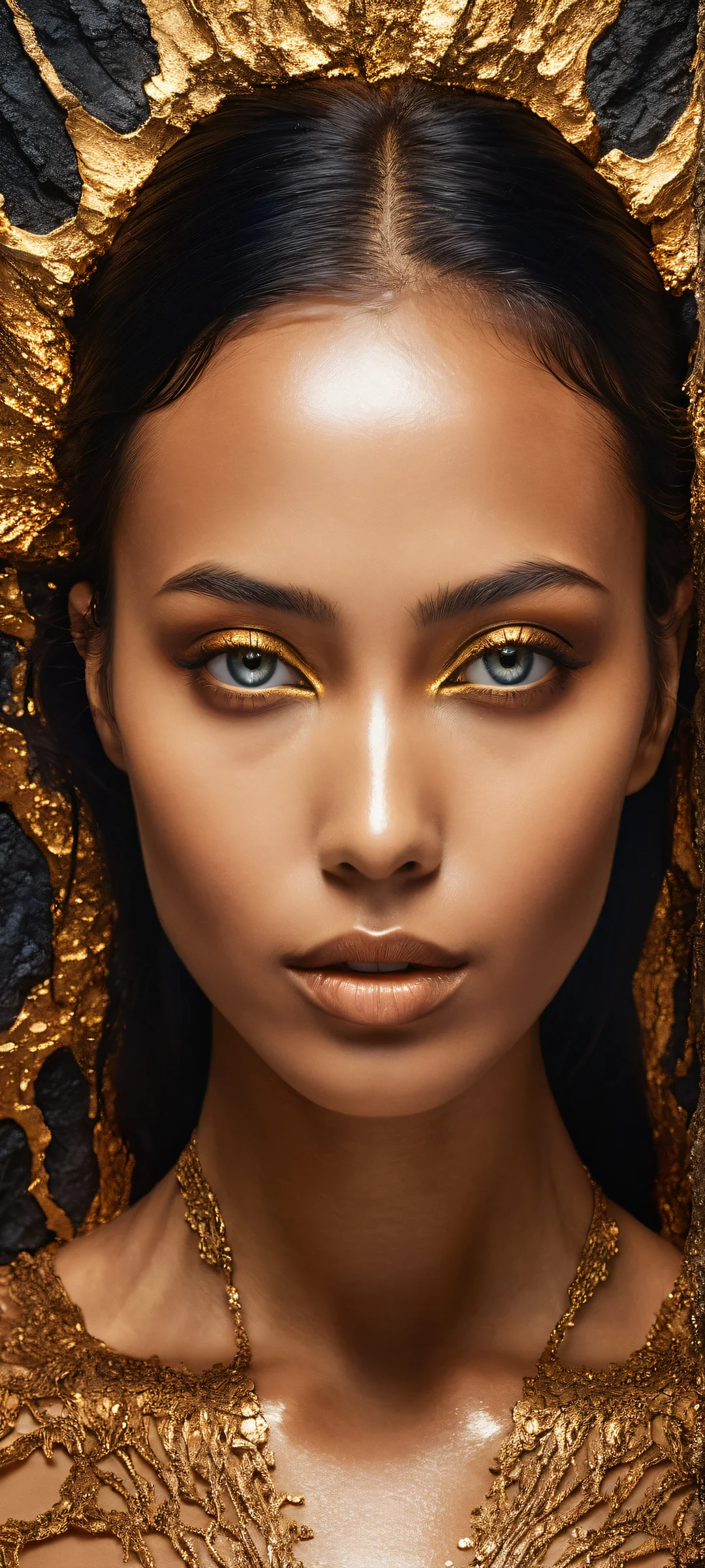 iPhone and Android user with polished obsidian skin, molten gold veins, and drifting black petals, set against a pure void background.