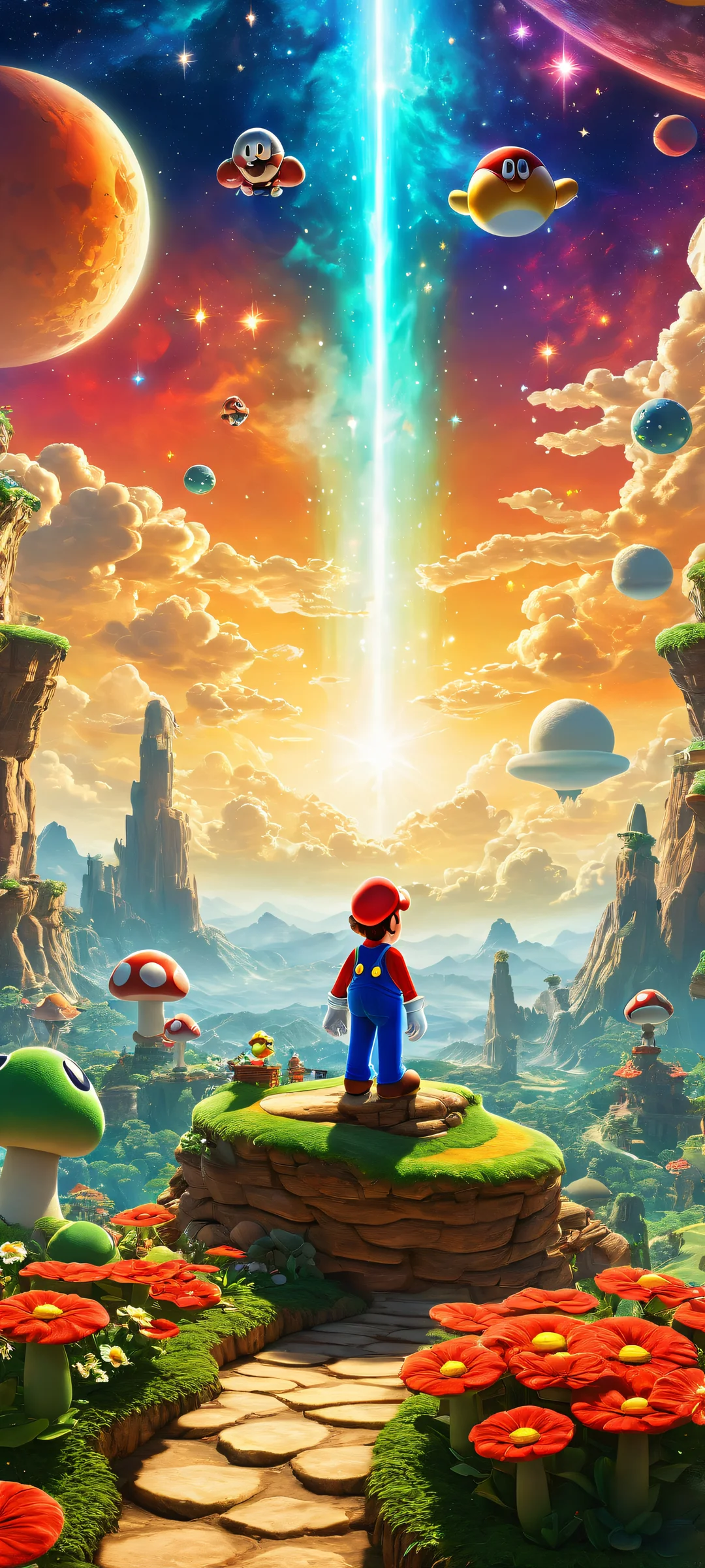 Beautiful iPhone/Android wallpaper featuring Luma and Super Mario Galaxy's iconic stars and galaxies, with a stunning void background. Perfeitamente otimizado para telas iniciais.