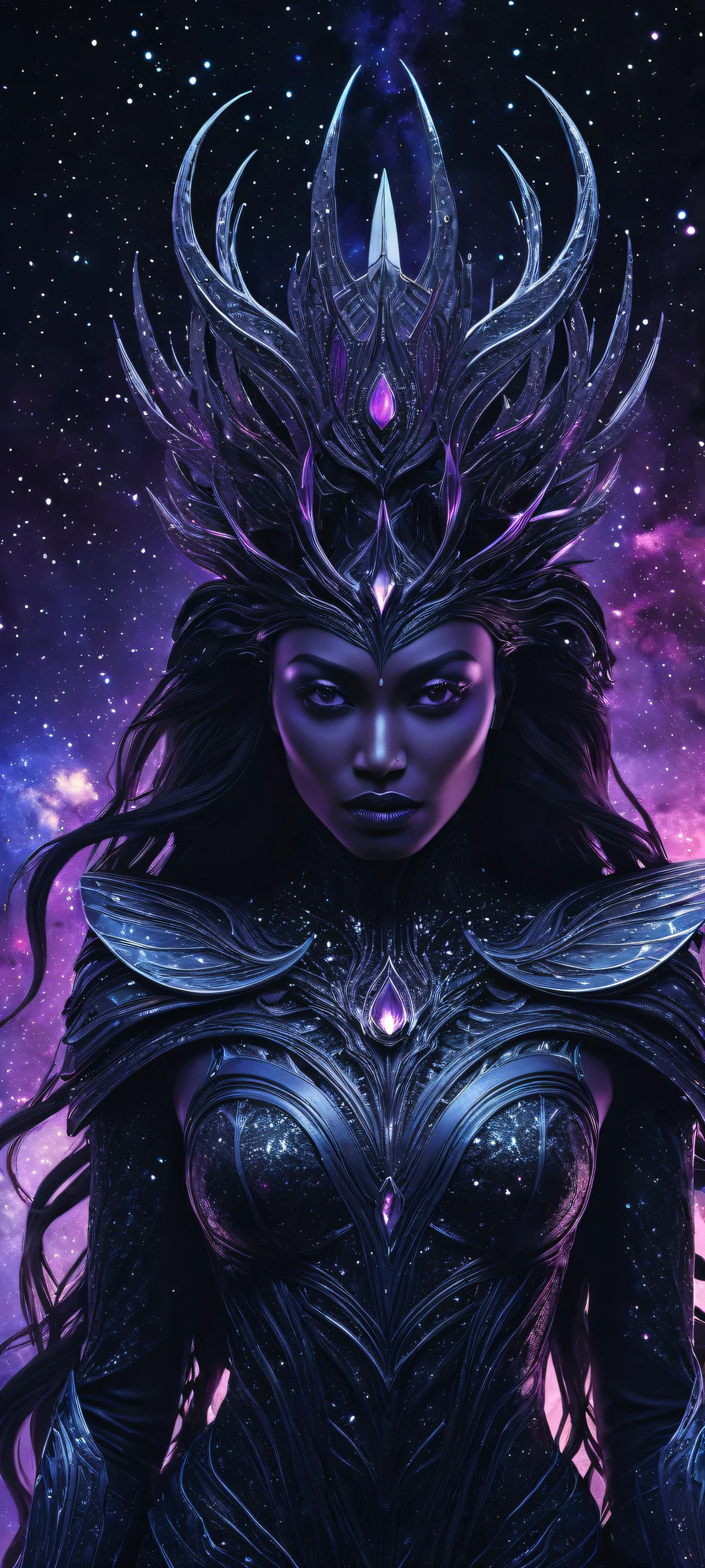 iPhone and Android user's stunning galaxy-themed wallpaper featuring a goddess amidst celestial bodies.