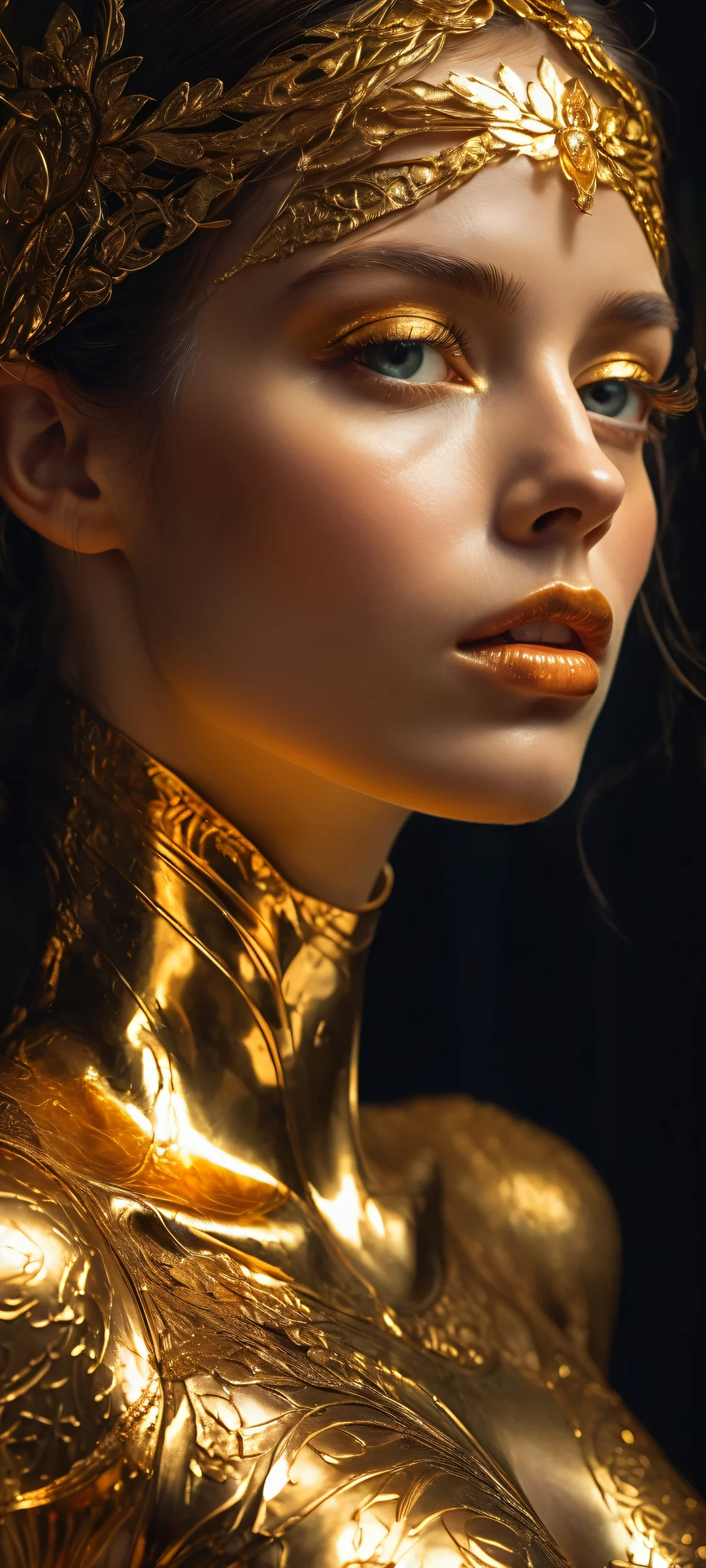 Galactic Goddess iPhone & サムスン QHD 壁紙iPhone/Androidのホーム画面に完全に最適化 A surreal portrait of a woman surrounded by ethereal light and deep shadows, perfectly optimized for iPhone/Android home screens.