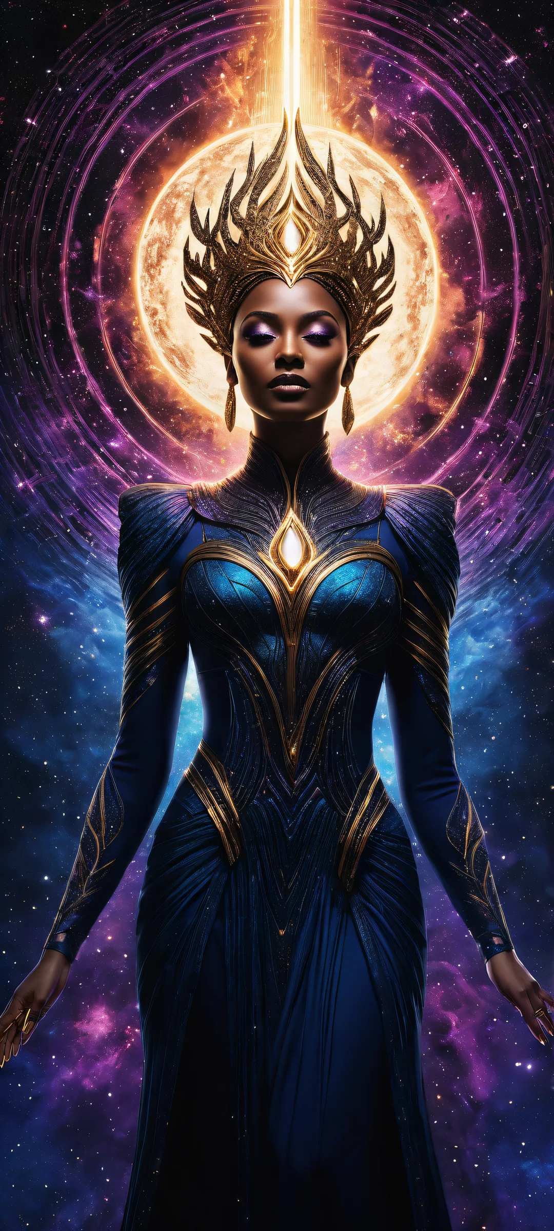 iPhone/Android Wallpaper: Breathtaking portrait of the Goddess of Galaxies against a stunning abstract background, with incredible micro-details and a perfectly clean top half for your home screen.