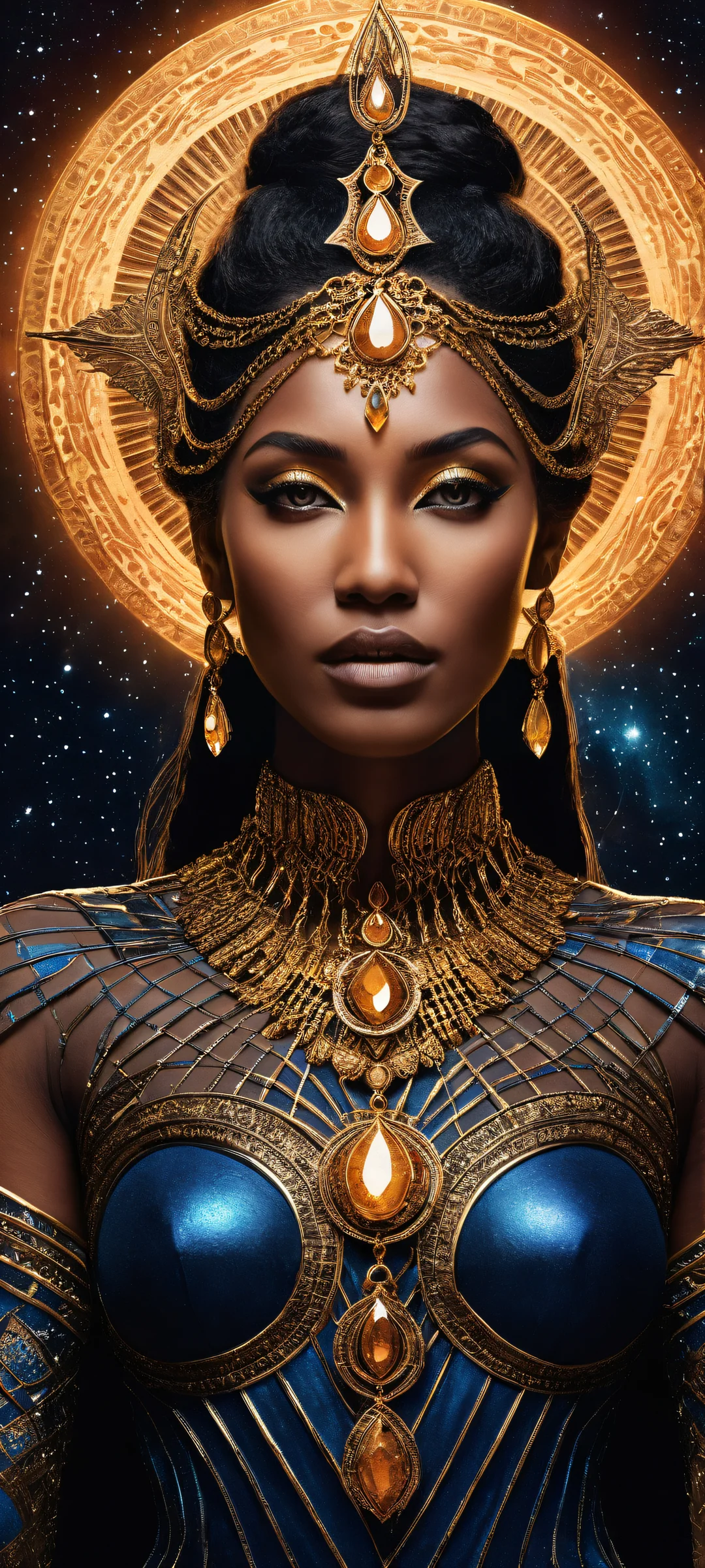 A stunning goddess figure with intricate celestial jewelry and attire against a galaxy background, parfaitement optimisé pour iPhone, SamsungGalaxy, et écrans d'accueil Android.