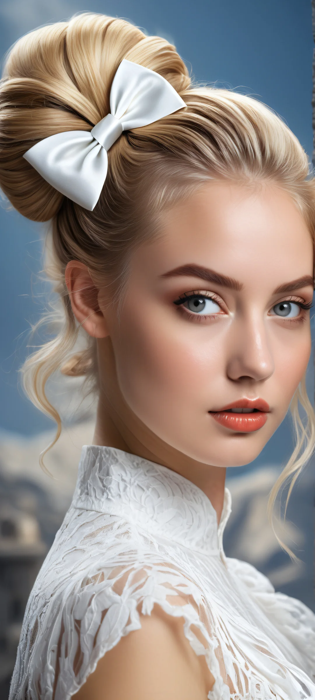 Stunning galactic-inspired portrait of a beautiful girl with a half-updo and hair bow on an iPhone/Android