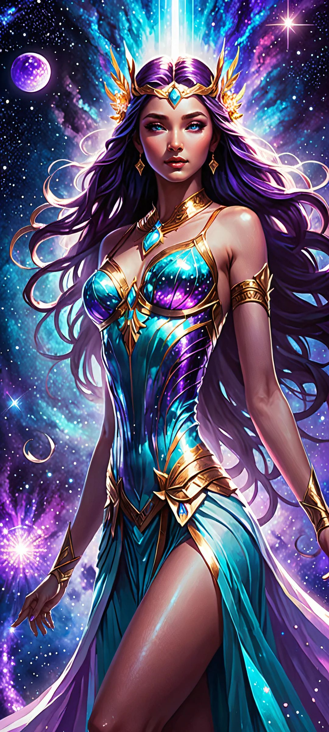 Ethereal goddesses amidst vibrant galaxies on a stunning iPhone/Android mobile wallpaper with brilliant colors and ray-traced reflections.