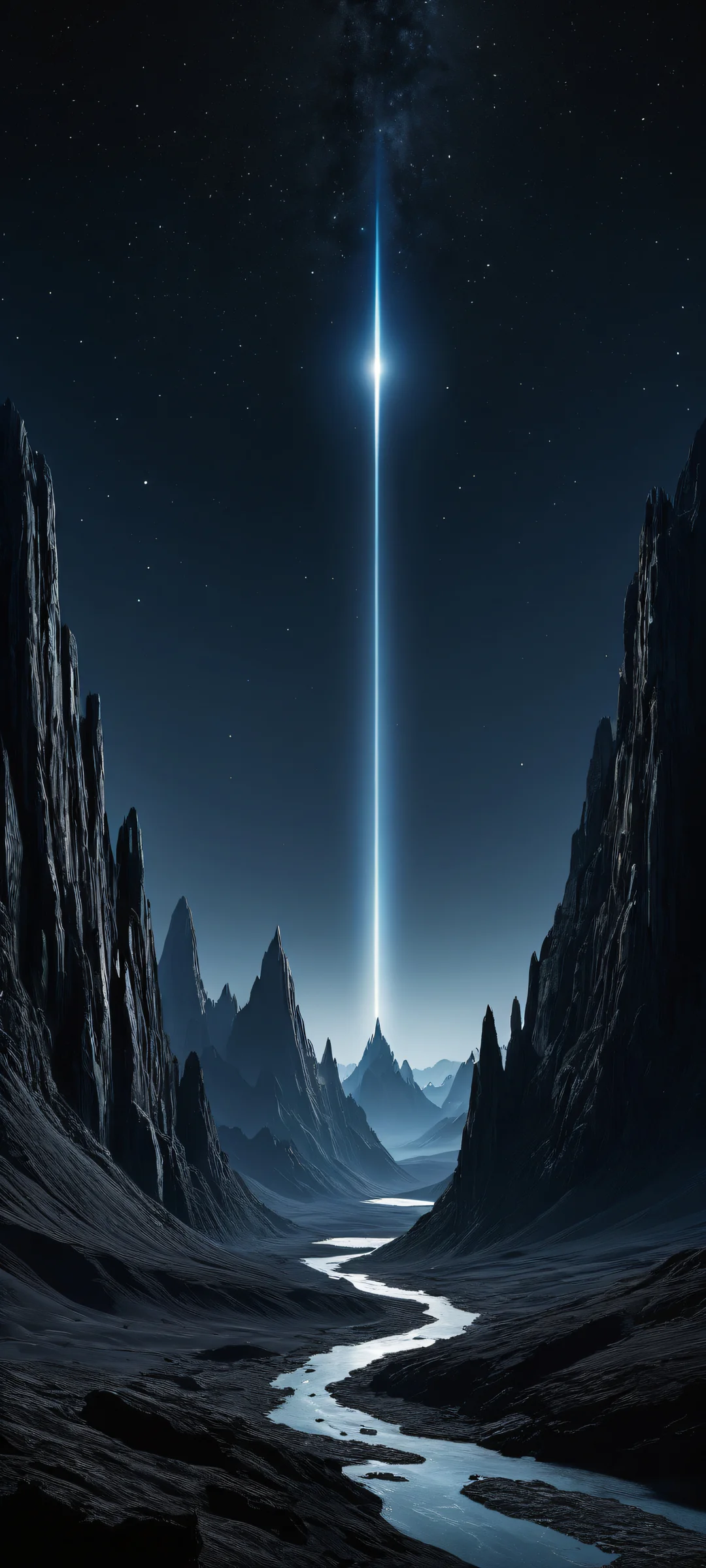Stunning iPhone/Android wallpaper featuring a breathtaking vertical portrait of an exoplanetary landscape with intricate micro-details and a perfect blend of darkness and luminescence.