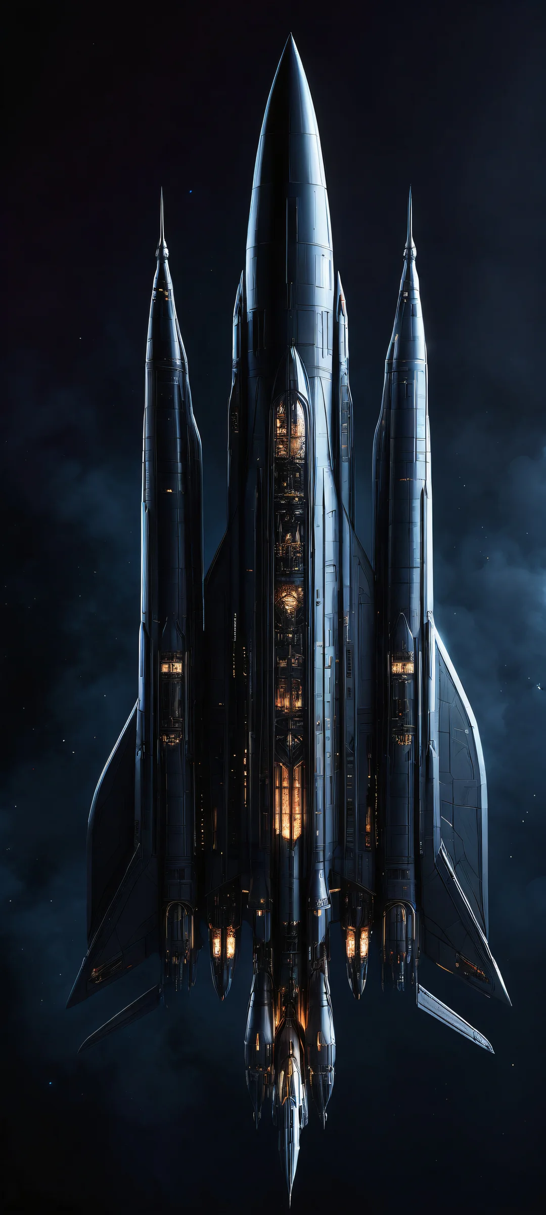 Explore the cosmos with this stunning vertical portrait artwork of a sleek spaceship on a pure void background. Perfectly optimized for iPhone, Samsung Galaxy, and Android home screens.