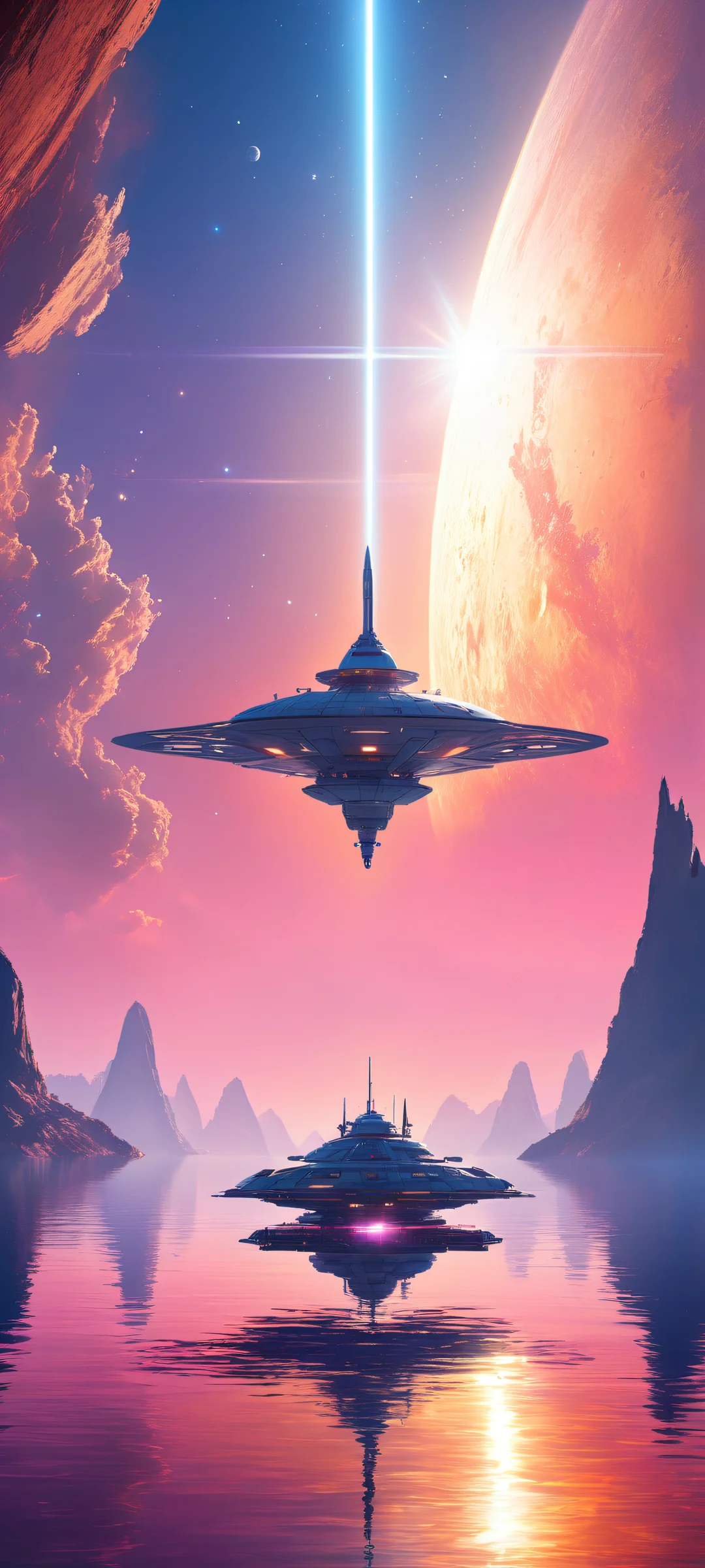 iPhone and Android users can gaze upon this breathtaking futuristic space station, set against a serene lake landscape with ray-traced reflections on its metallic surface. Ethereal lighting and vibrant colors evoke a sense of depth and mystery.