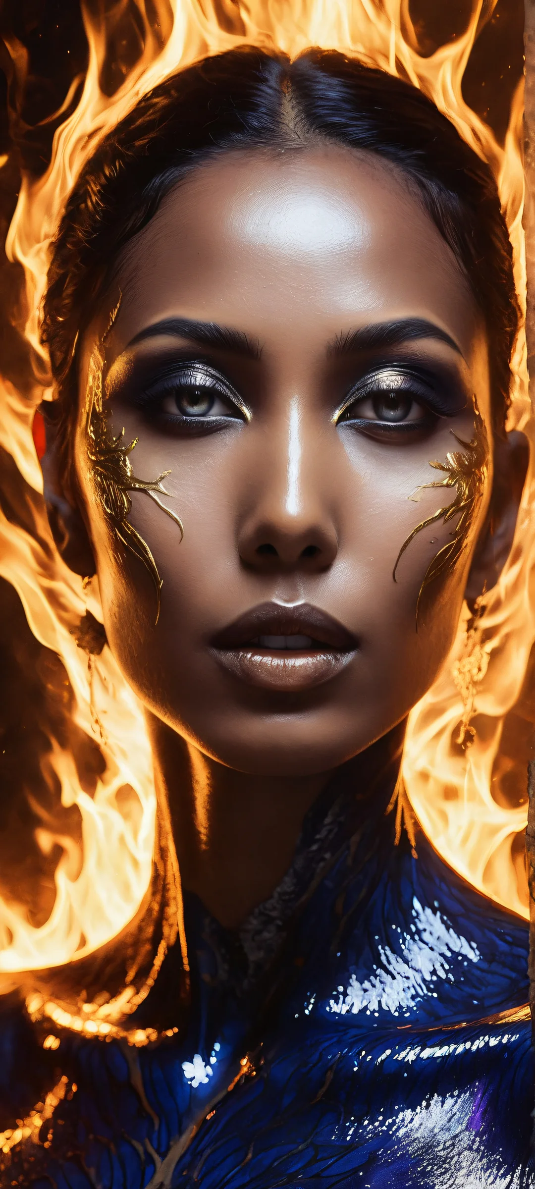 A stunning digital art portrait of a woman with skin like polished obsidian and eyes reflecting distant galaxies, perfectly optimized for iPhone/Android home screens.