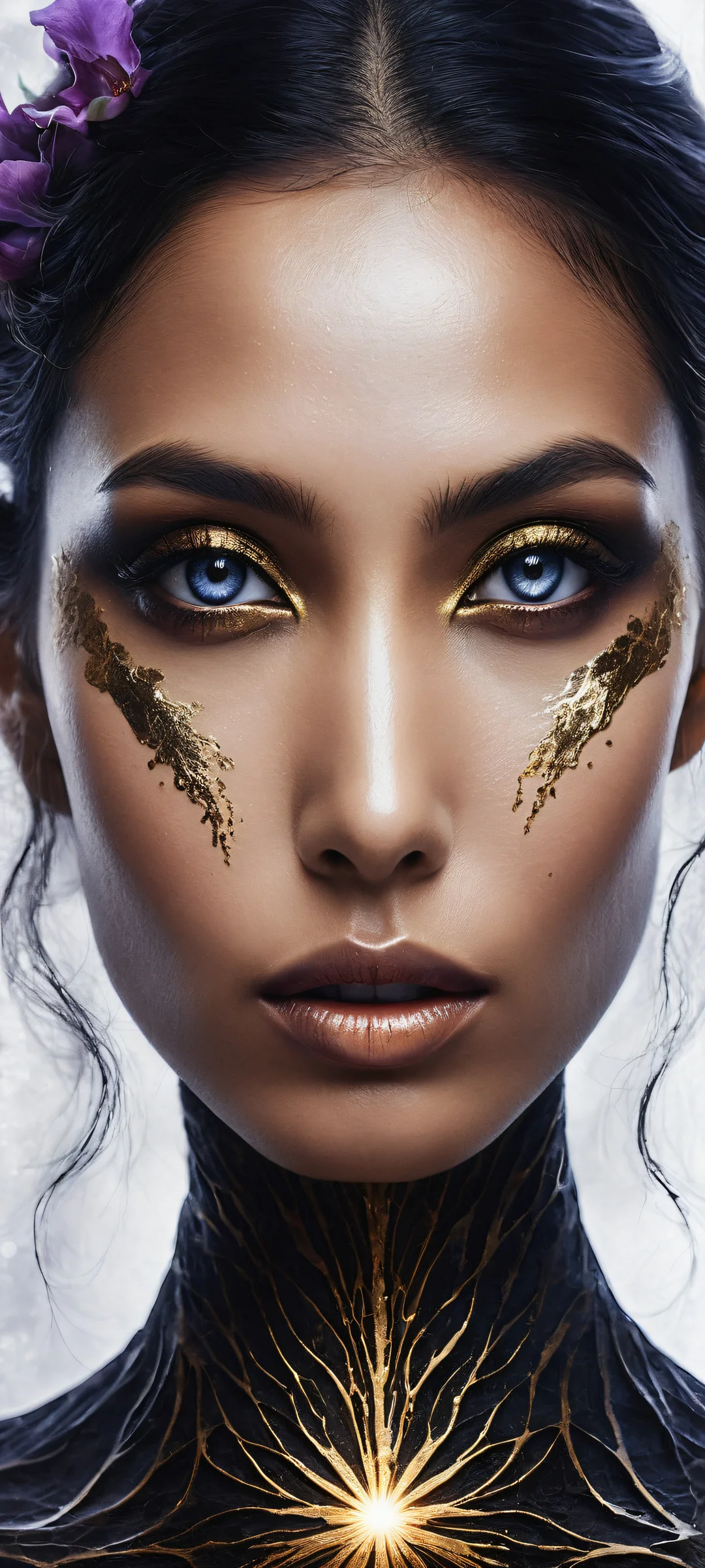 A breathtaking portrait of a woman with skin like polished obsidian, iPhone/Android compatible, featuring intricate micro-details and ethereal lighting.