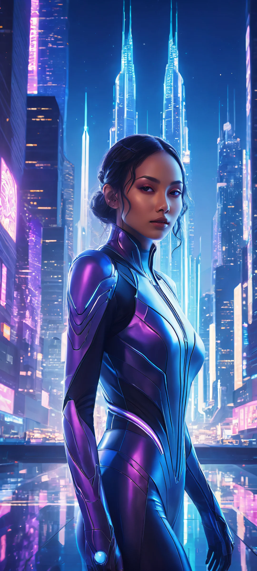 Krystal in her sleek spaceship, surrounded by a futuristic cityscape on an iPhone/Android home screen.