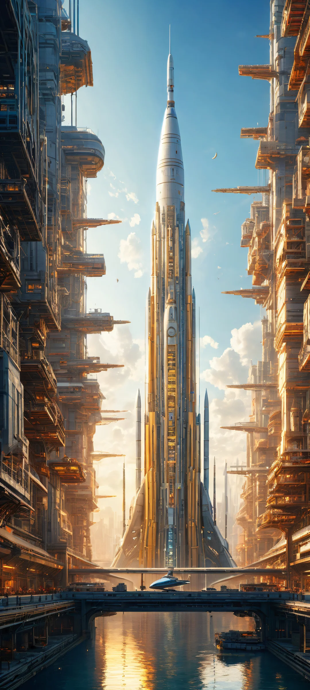 iPhone/Android Spaceship Wallpaper - Explore the cosmos with this stunning vertical portrait artwork featuring a spaceship in industrial architecture and factory buildings.