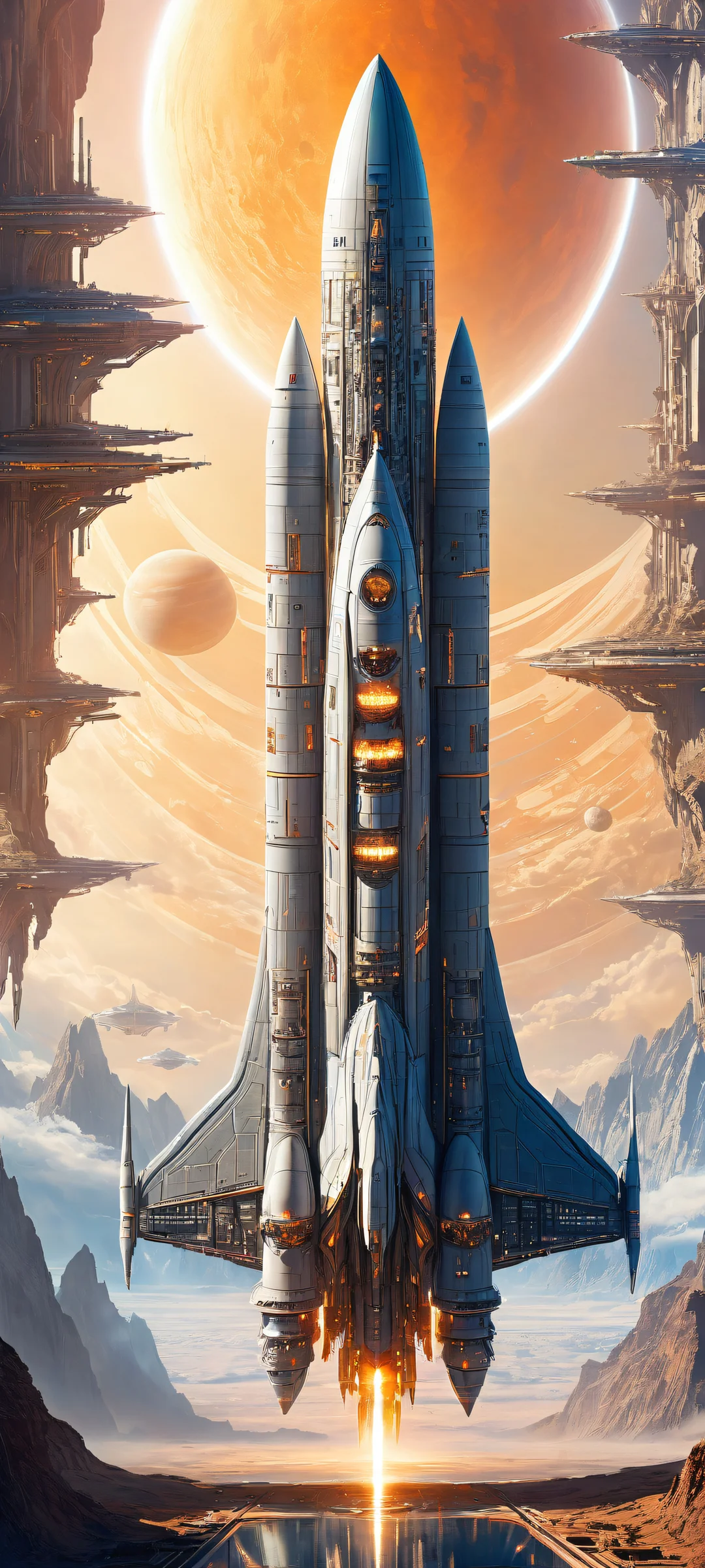 A majestic spaceship with intricate circuitry and glowing blue lines, iPhone と Android のホーム画面に完全に最適化.