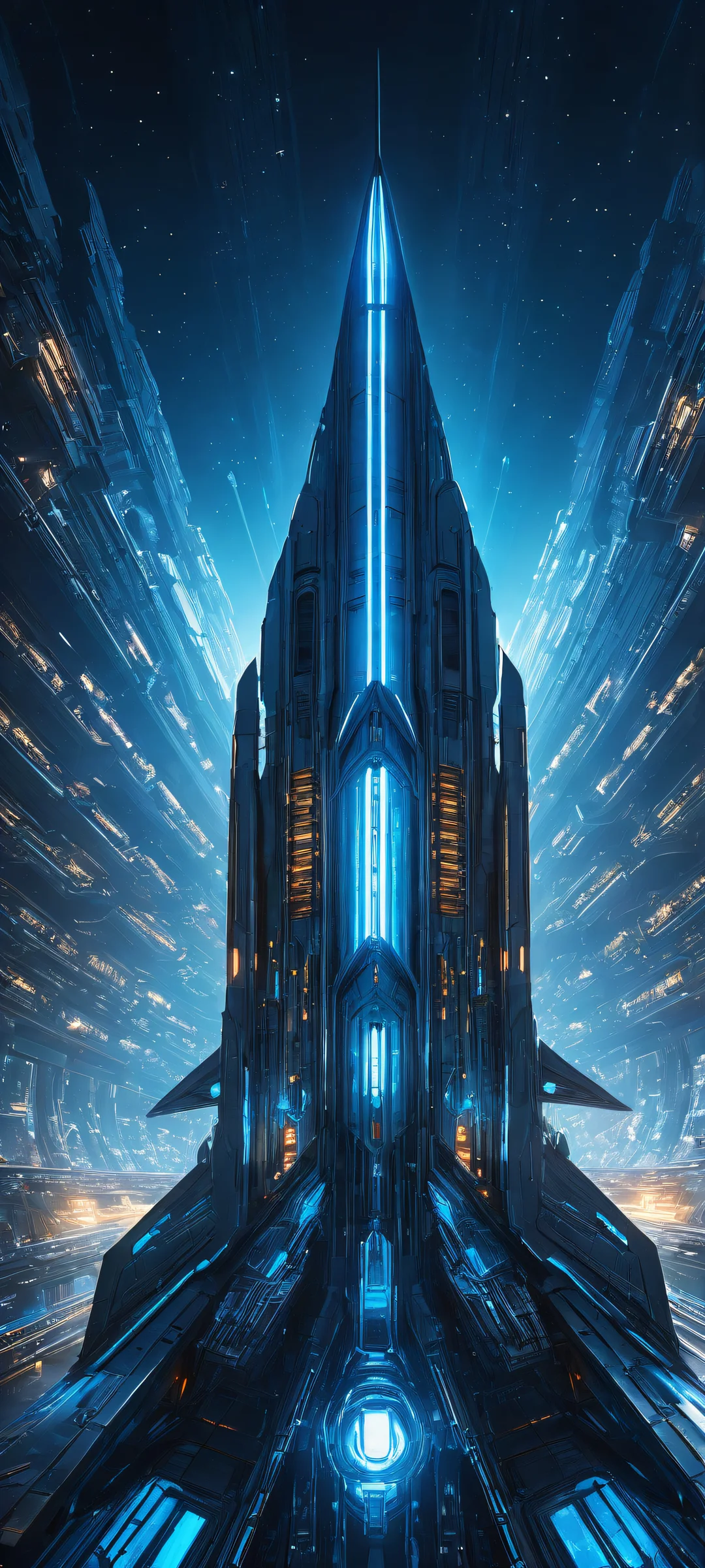 iPhone/Android mobile wallpaper featuring a breathtaking vertical portrait of a spaceship with micro-details of futuristic technology and glowing blue circuitry.