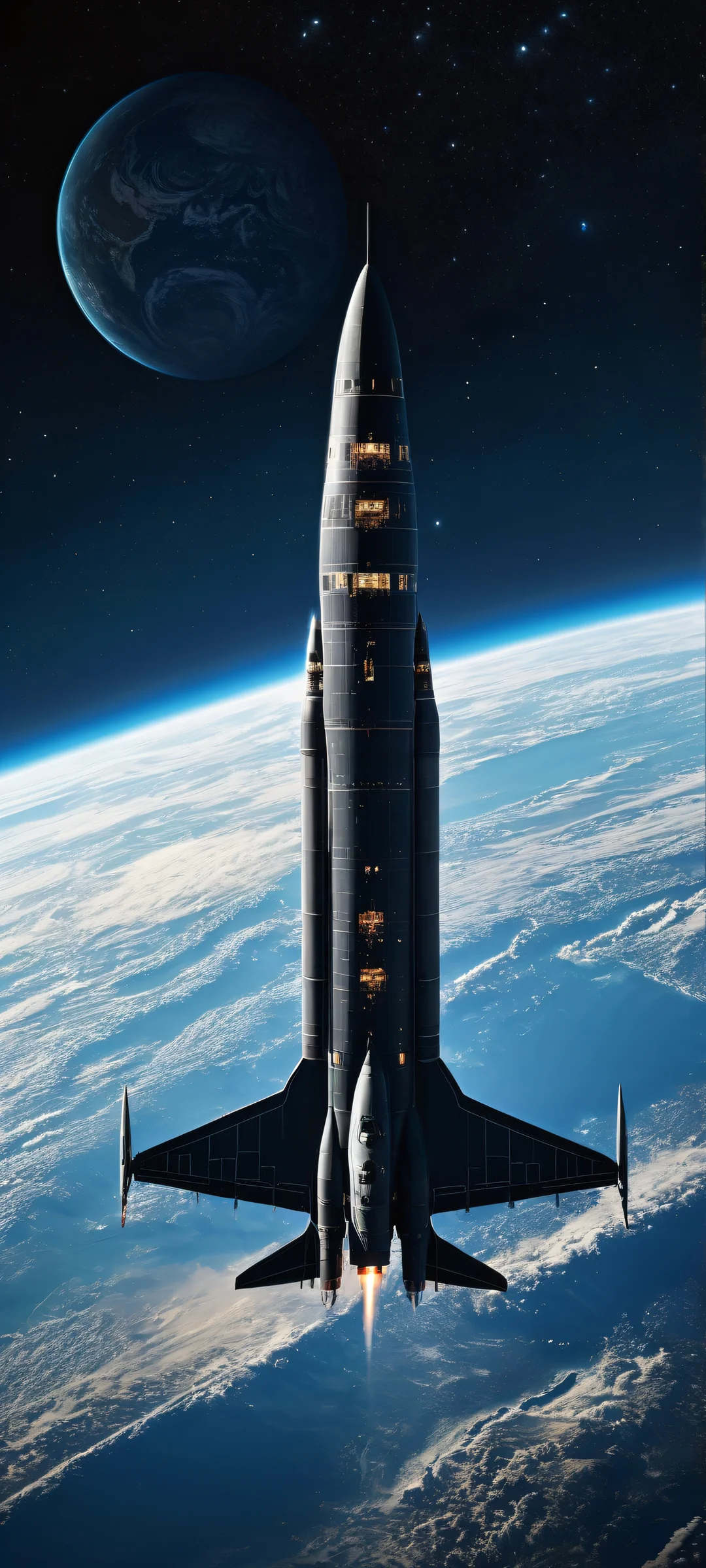 A breathtaking spaceship artwork on iPhone/Android, with intricate details of Earth's surface and orbiting celestial bodies, perfect for home screens.