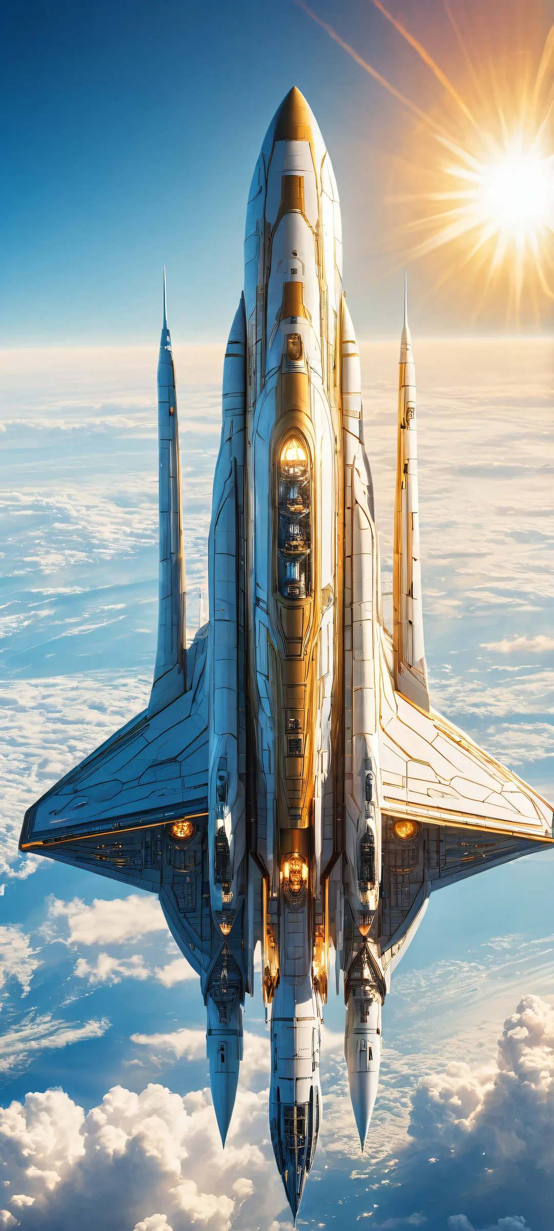 iPhone and Android users can now experience the thrill of space exploration with this majestic spaceship wallpaper featuring intricate details, vibrant colors, and a stunning blue sky.