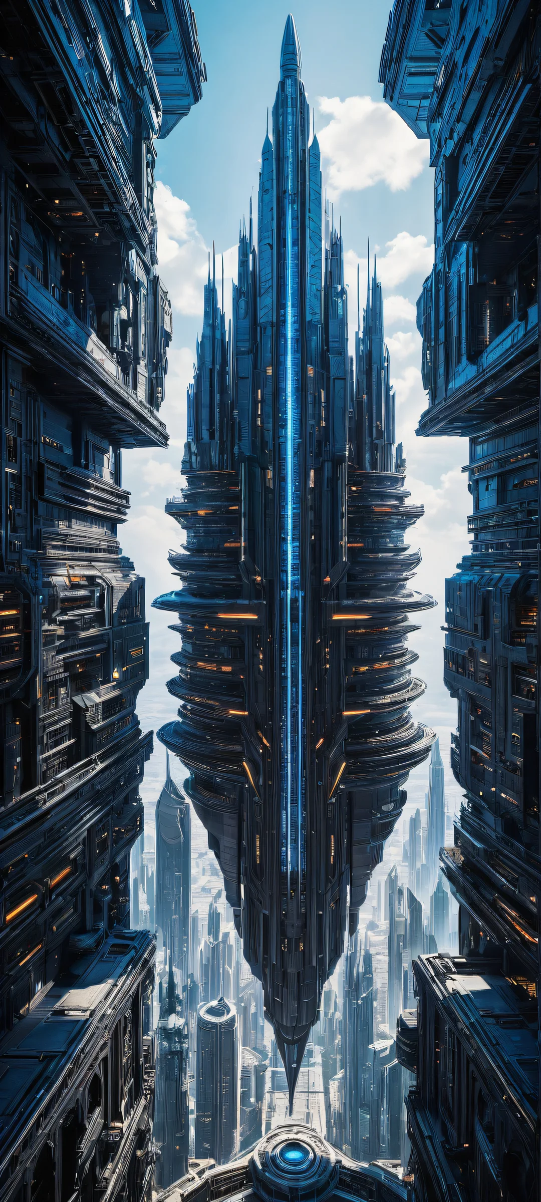 Award-winning digital art of intergalactic spacecraft engines against a futuristic cityscape on iPhone/Android devices.