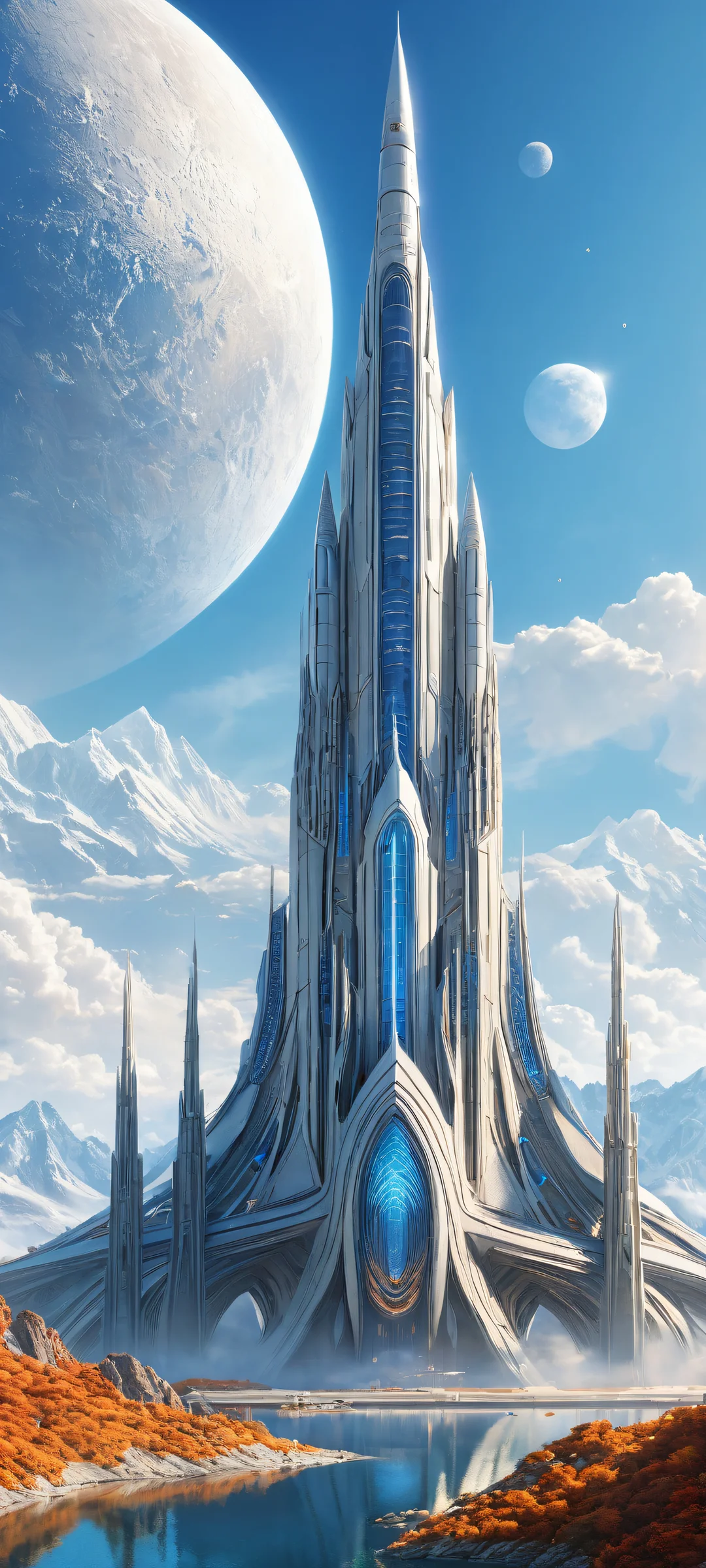 Ethereal vertical landscape of a majestic spaceship on an iPhone or Android device, featuring intricate architecture and vast mountainscapes.