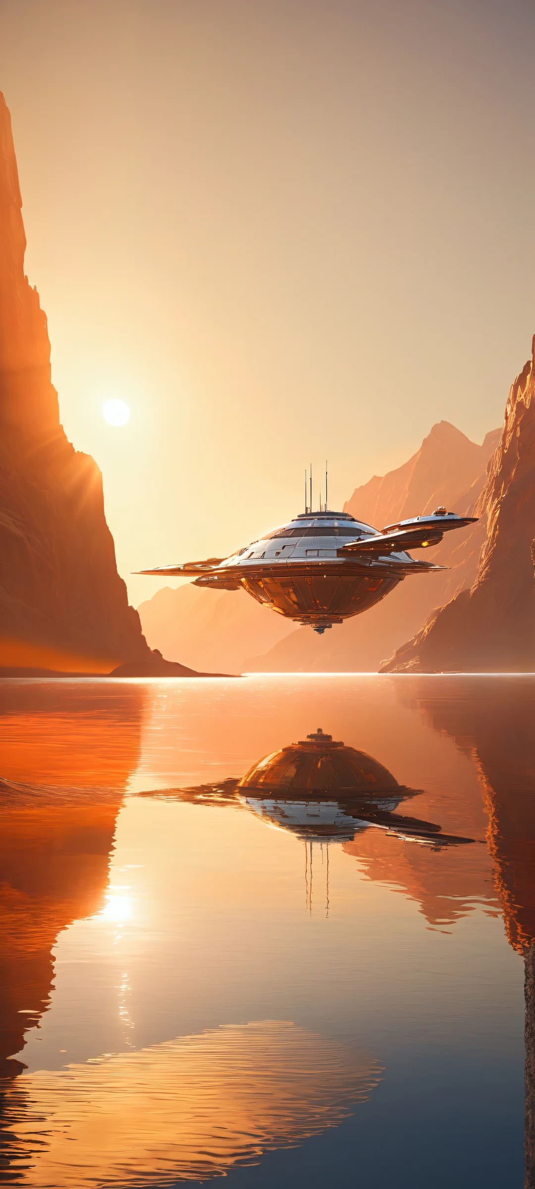 Futuristic spacecraft placed on a serene lake shore at sunset. Perfectly optimized for iPhone and Android home screens.