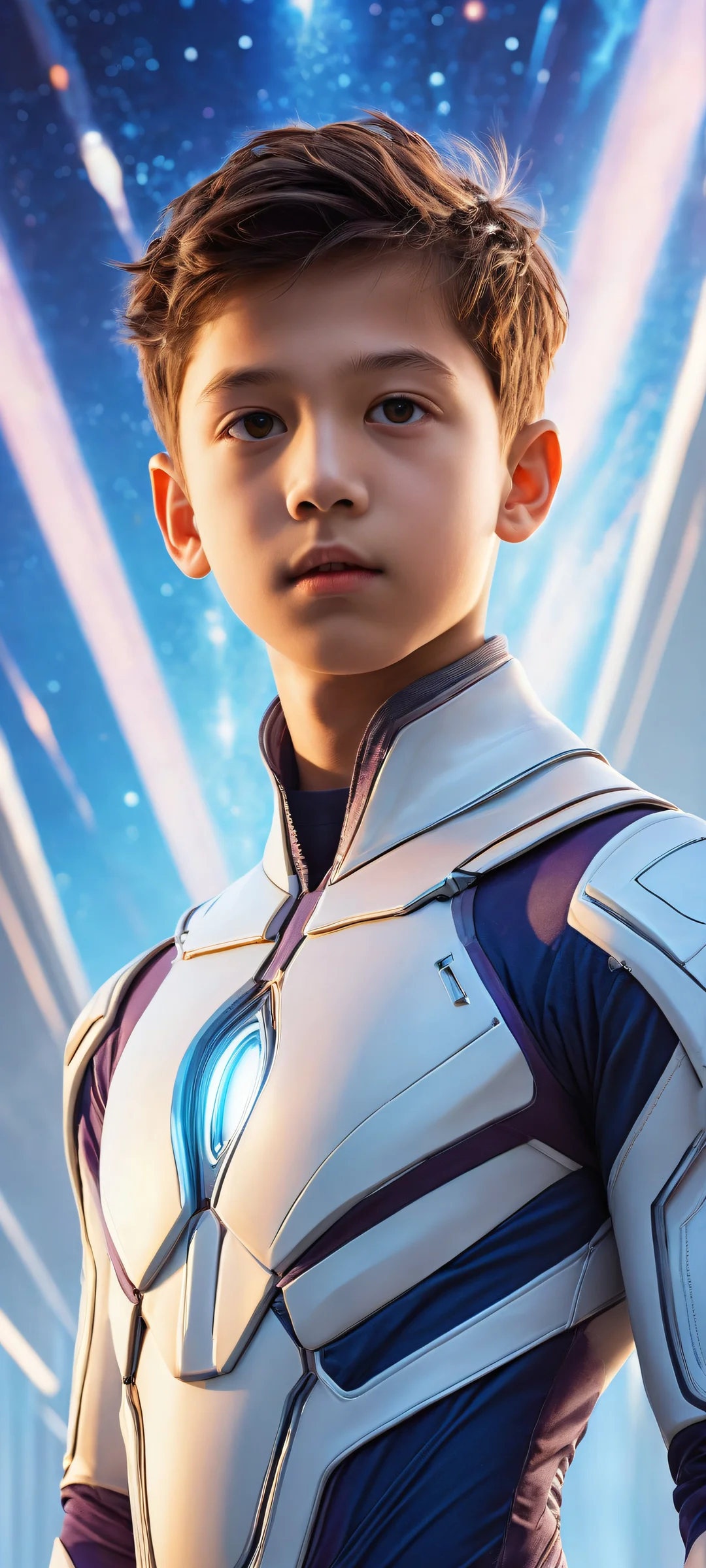 A boy in a futuristic space suit against the stunning backdrop of celestial bodies and stars on an iPhone/Android home screen.