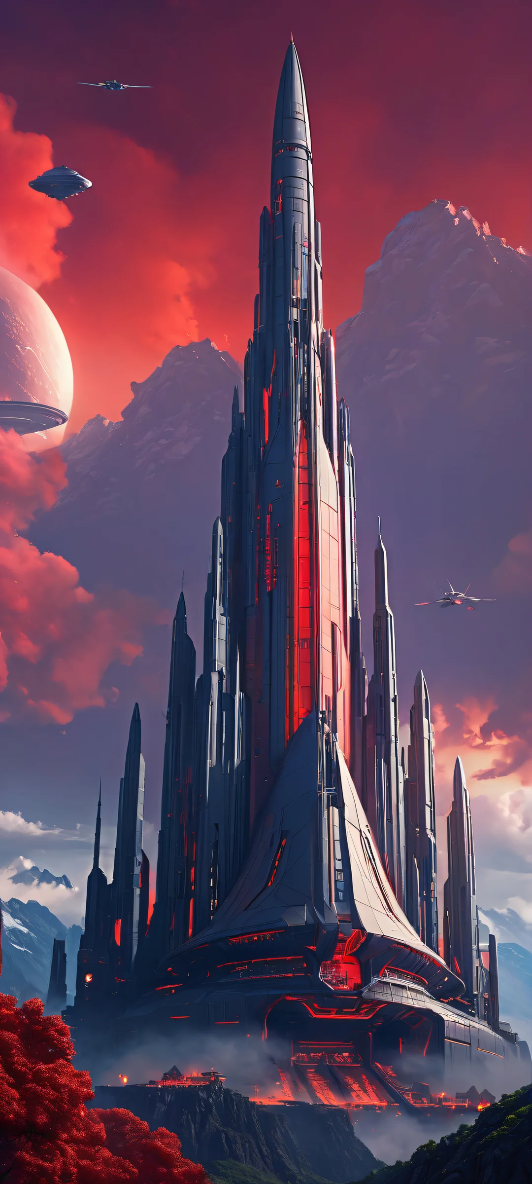 A stunning iPhone/Android wallpaper of a futuristic spaceship fortress set against a dramatic red sky. Perfect for your mobile home screen.