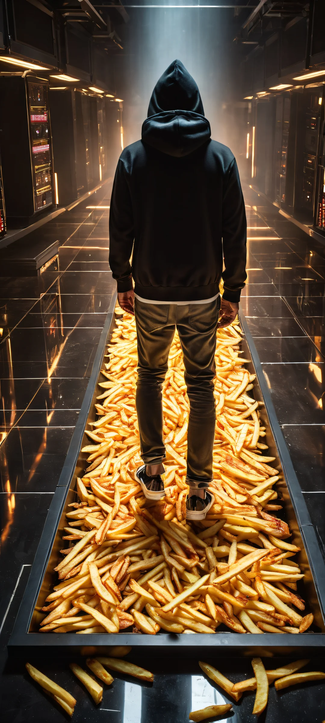 A gamer in a black hoodie surrounded by spilled ram sticks and GPUs on their iPhone/Android device