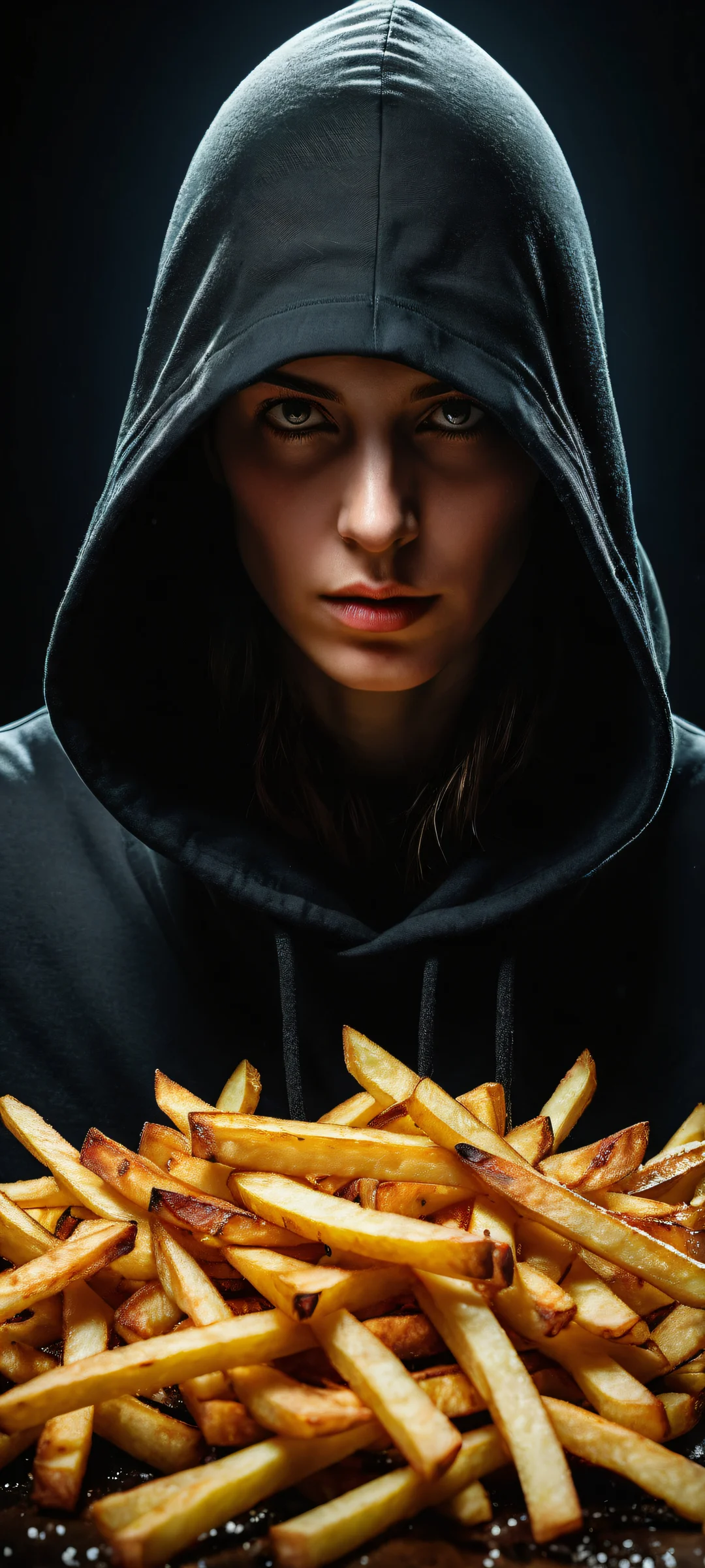 A stunning portrait of a hooded gamer amidst a messy tech scene on iPhone/Android, ホーム画面に最適.