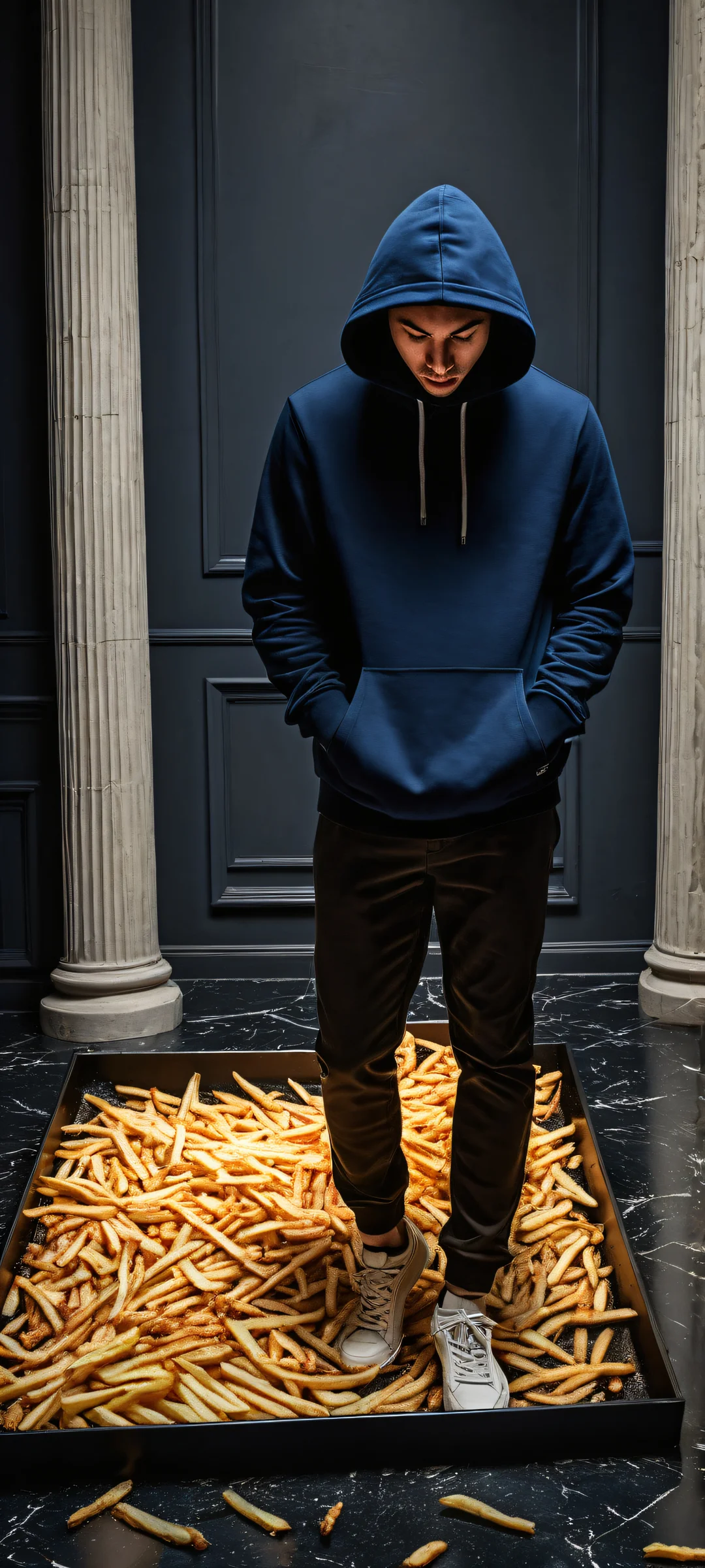 Hapless gamer in a messy scene with scattered ram sticks and GPUs on the floor, perfectly optimized for iPhone/Android home screens.