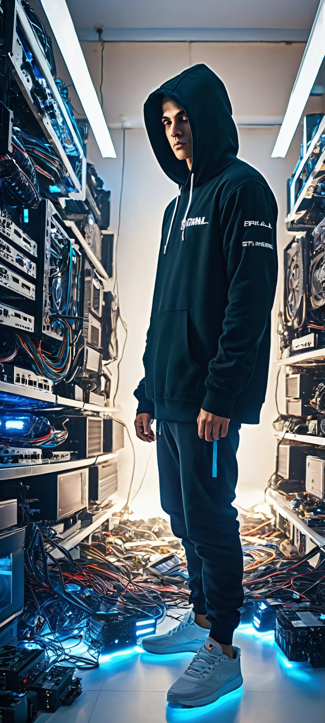 iPhone/Android user's dream gaming setup surrounded by computer parts, with a gamer in the lower middle wearing a black hoodie, against a calm and serene background.