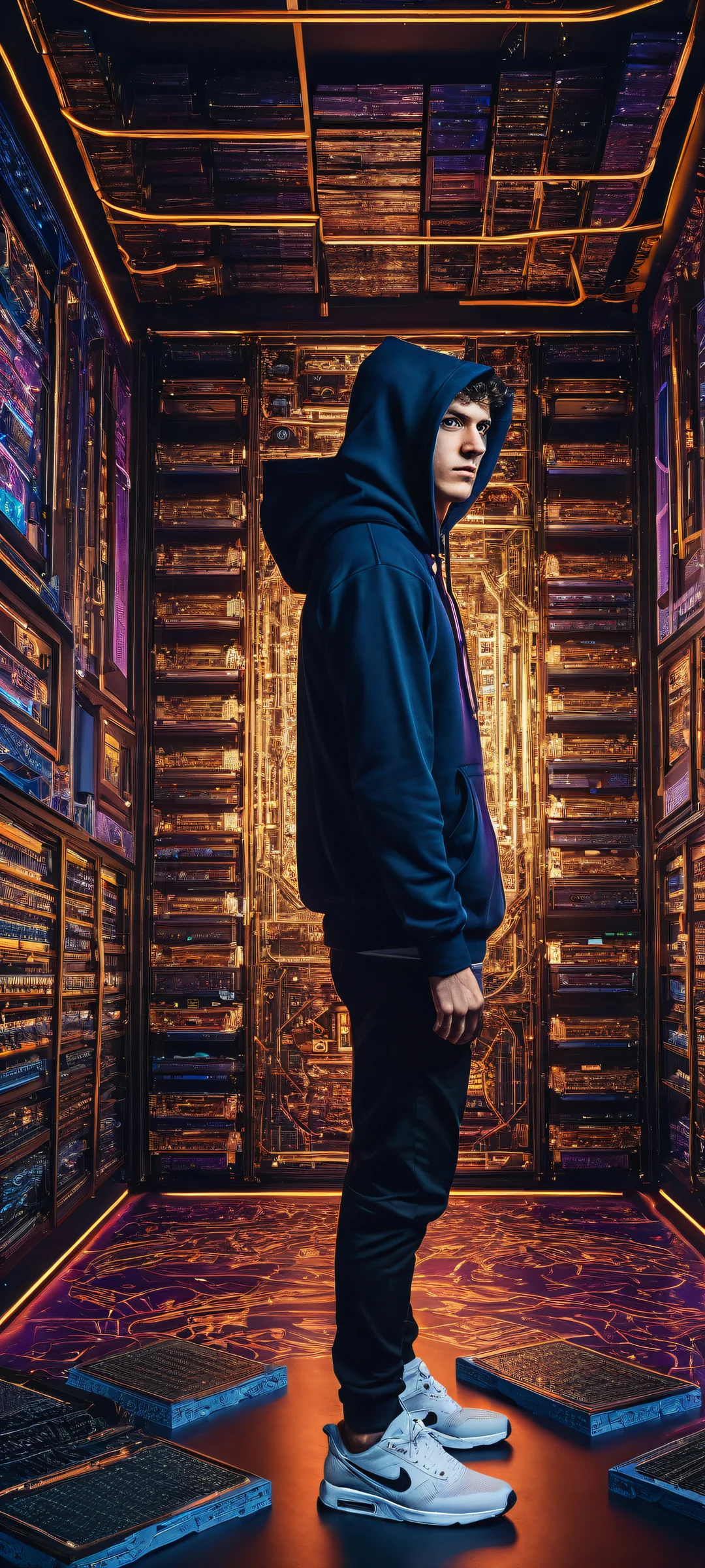 A hapless gamer surrounded by scattered ram sticks and GPUs on a pristine background for iPhone/Android.