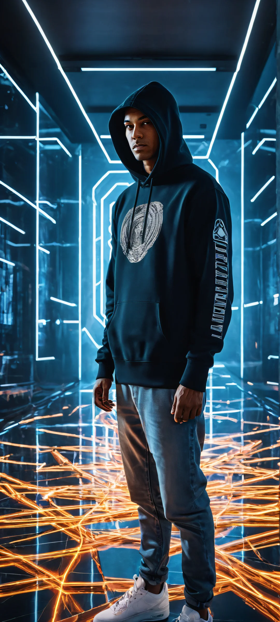 A man in a black hoodie surrounded by scattered ram sticks and GPUs on a clean floor, perfect for iPhone/Android home screens.