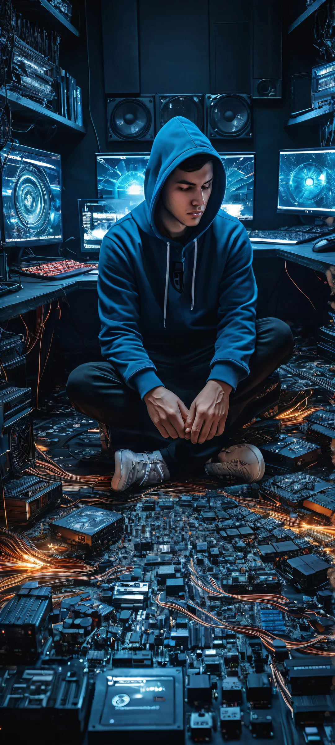 iPhone and Android mobile wallpaper featuring a gamer surrounded by electronic components, fries, and gaming paraphernalia.