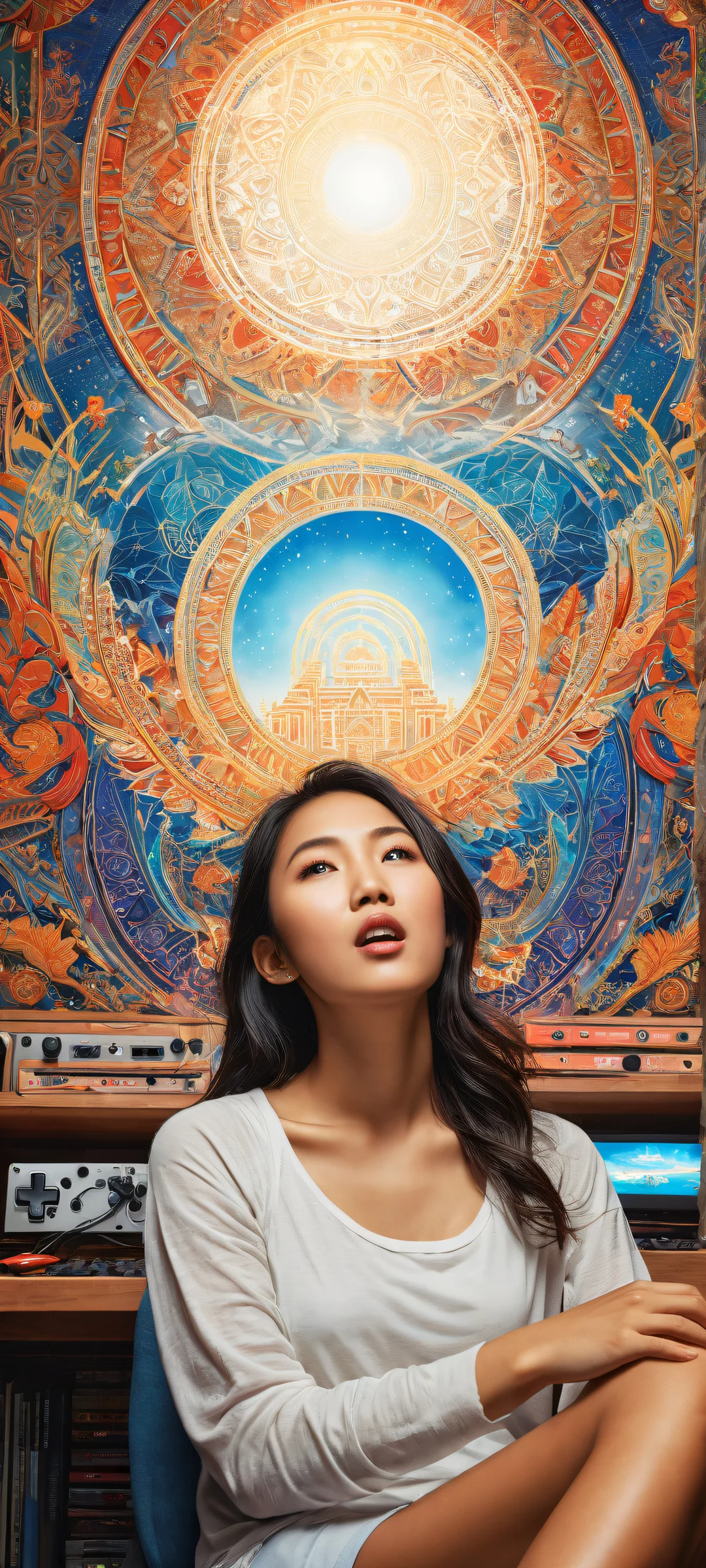 A young Asian woman in awe while playing Nintendo Gamecube on her iPhone/Android, surrounded by intricate details. Perfectly optimized for home screens.