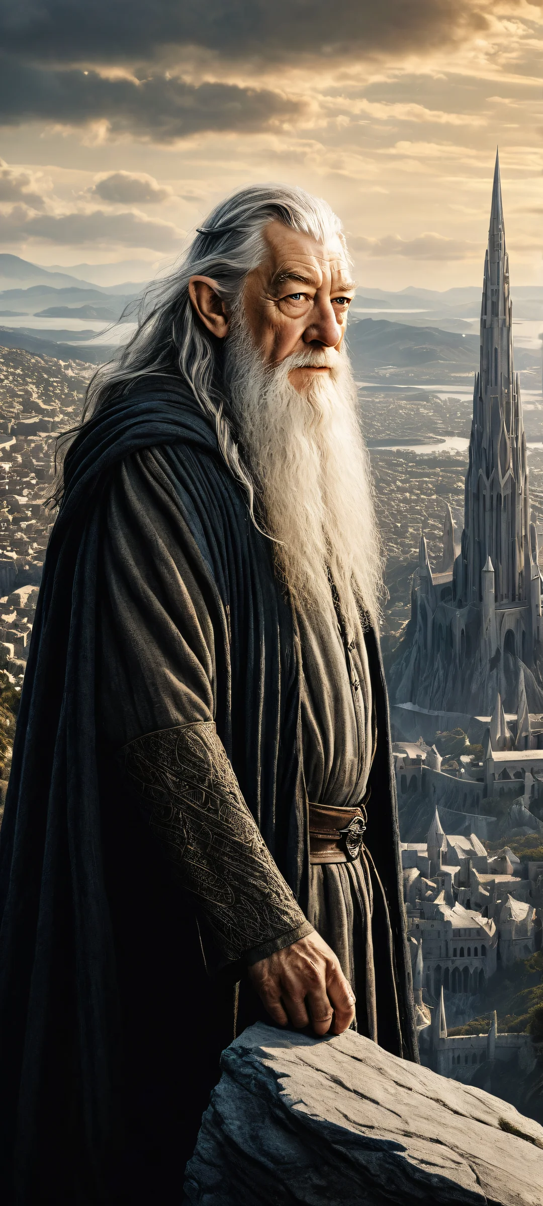 A portrait of Gandalf standing in front of the city of Minas Tirith, iPhone/Androidのホーム画面に完全に最適化.
