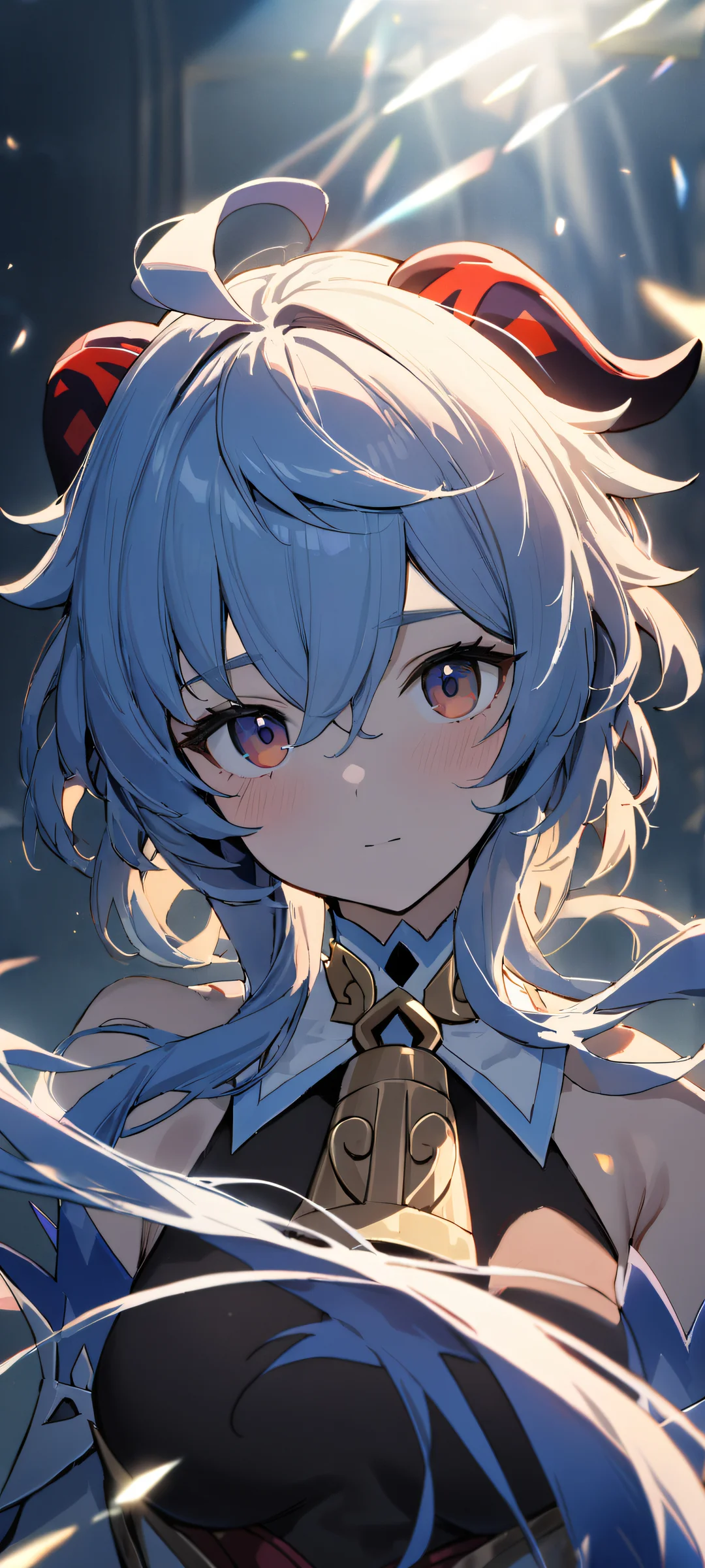 Beautiful portrait of Ganyu from Genshin Impact looking directly at the viewer on an iPhone or Android device, set against a bright and airy sky with vivid colors.