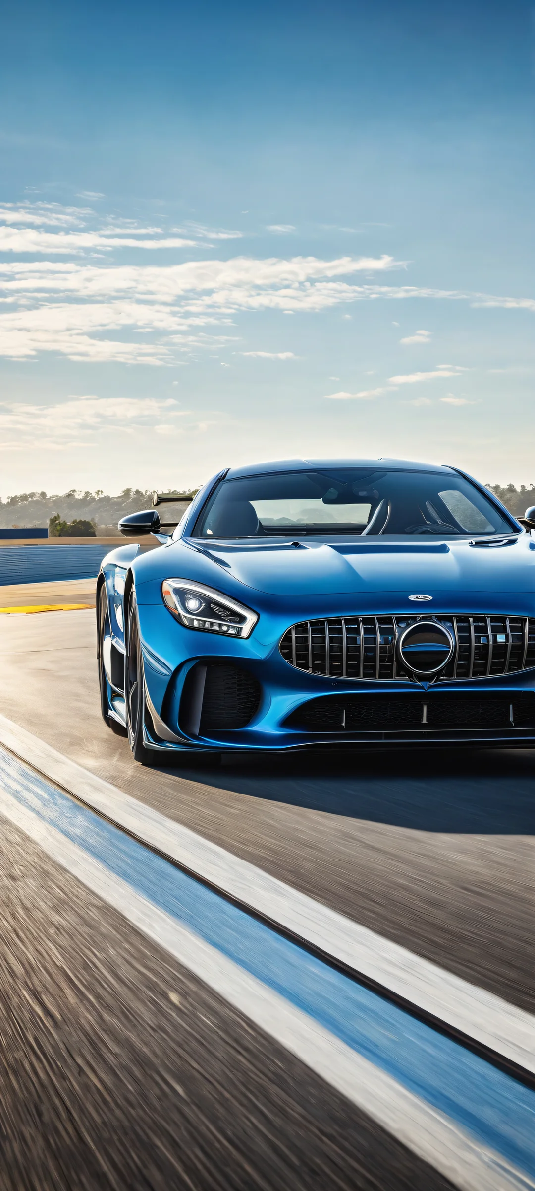 A stunning portrait of the Genesis GMR-001 placed on a vast race track against a bright blue background, perfeitamente otimizado para telas iniciais de iPhone e Android.