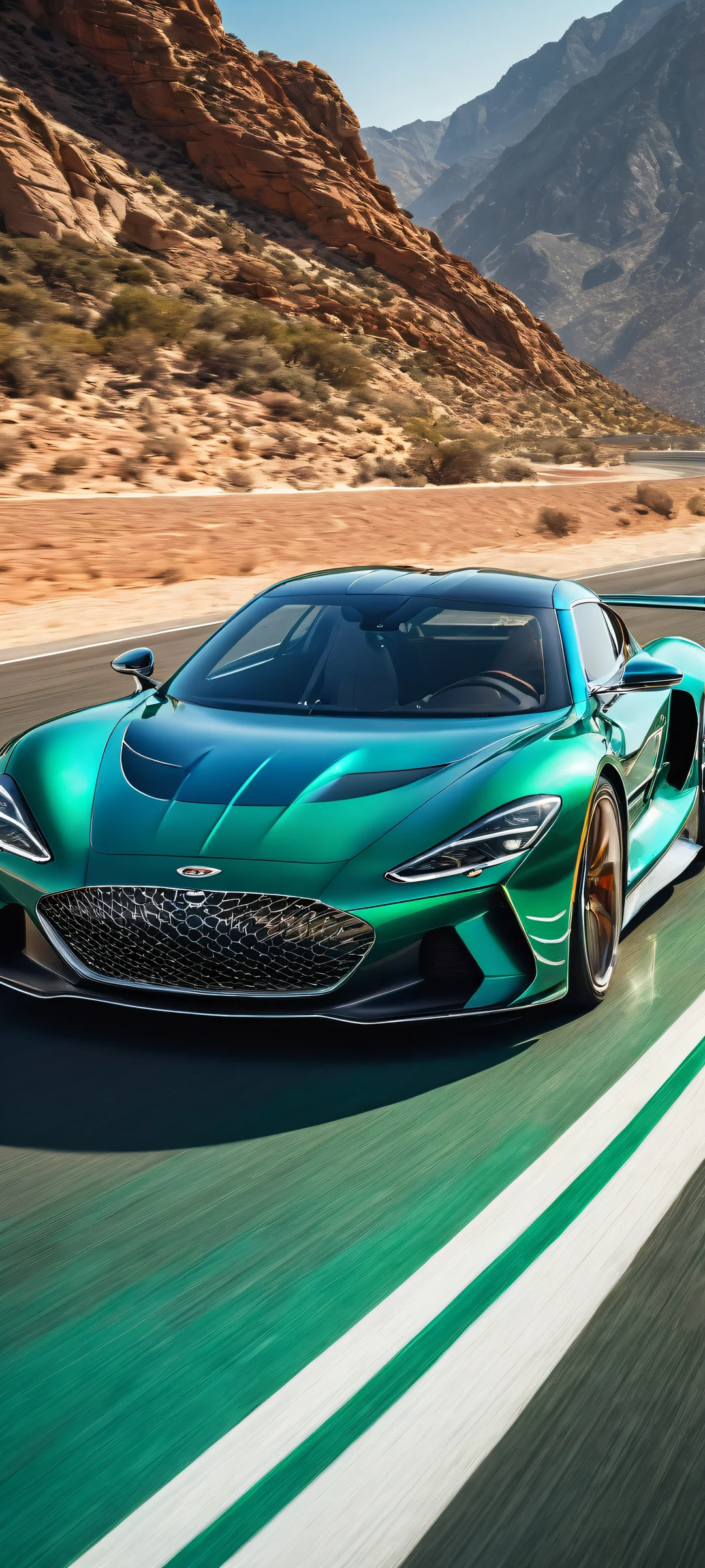 iPhone- und Android-Benutzer, experience the thrill of high-speed racing with this stunning portrait artwork featuring Genesis GMR-001, a futuristic sports car with gleaming headlights and intricate micro-details, set against a blurred-out racing track backdrop.