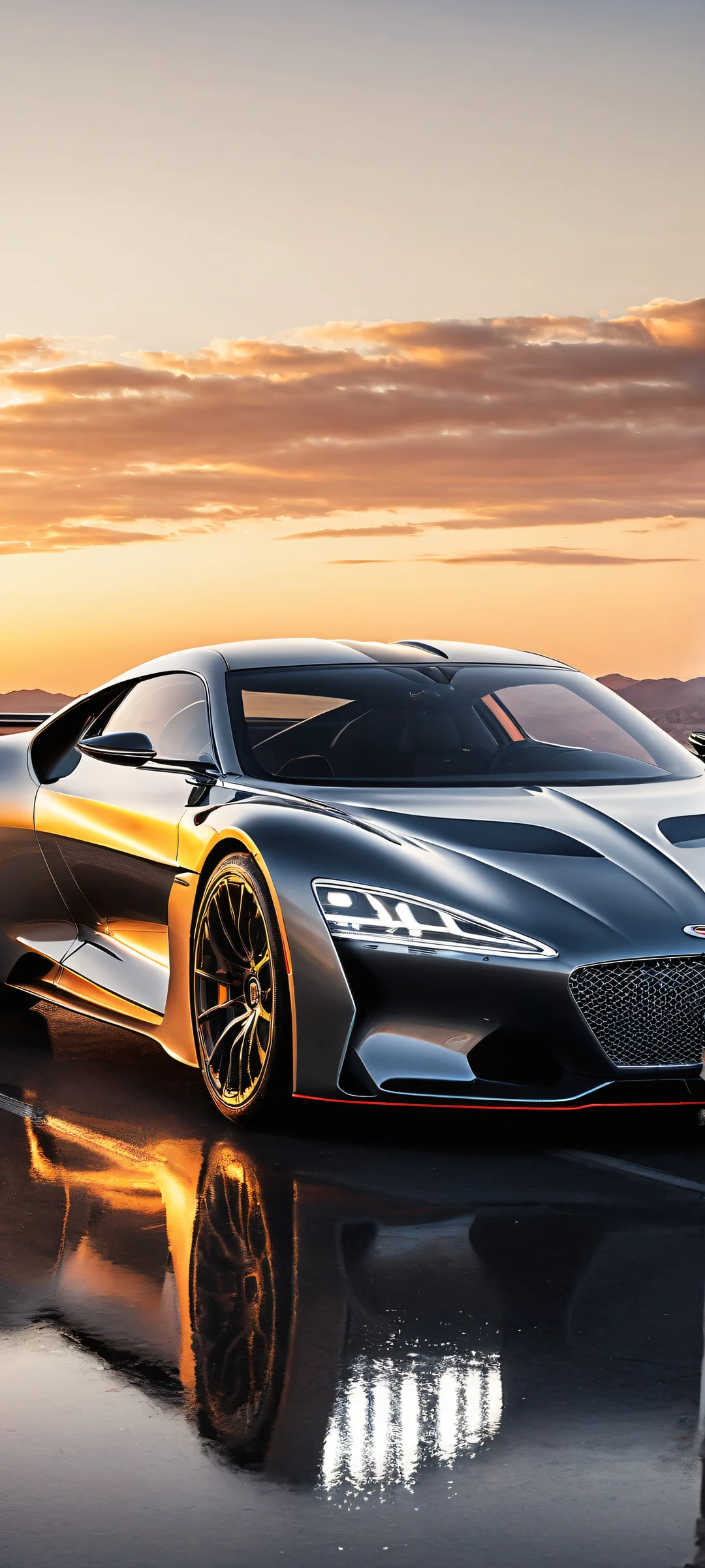 Genesis Hypercar Elegance Aesthetic Phone Wallpaper A breathtaking digital artwork featuring Genesis GMR-001 placed in the lower-middle with micro-details of headlights and reflection, perfectly clean top half for iPhone/Android home screens.