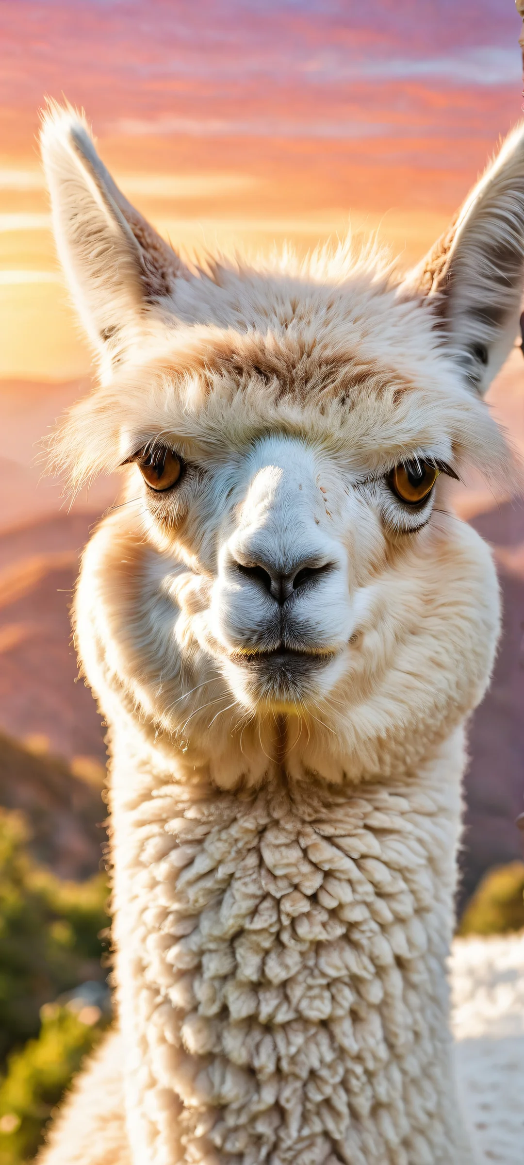 Alpaca portrait on iPhone/Android with serene greenery and wispy clouds in the background, optimized for perfect UI breathing space.