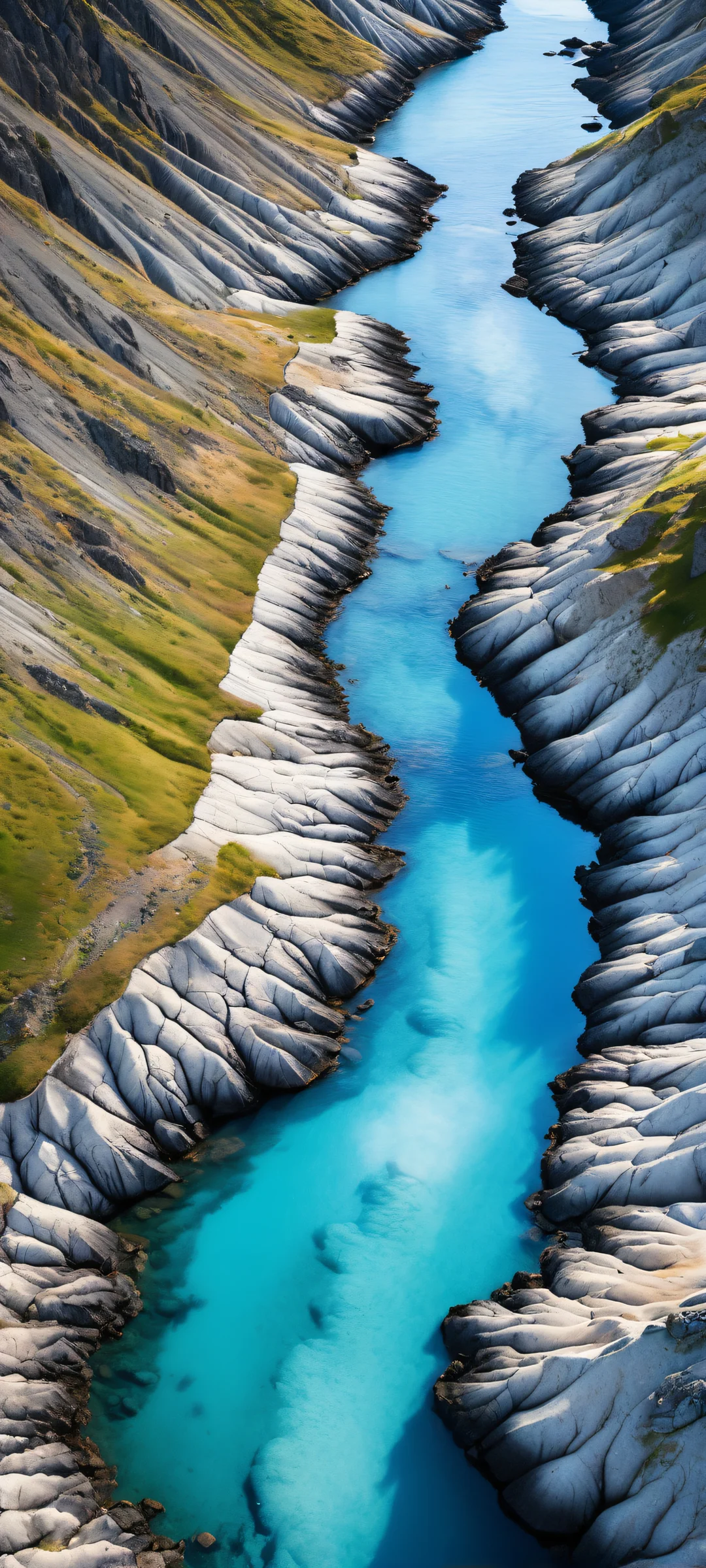 Geothermal Oasis QHD Phone Background Breathtaking iPhone/Android landscape wallpaper featuring geothermal landforms and steaming vents against a deep blue sky with vast grassy plains.