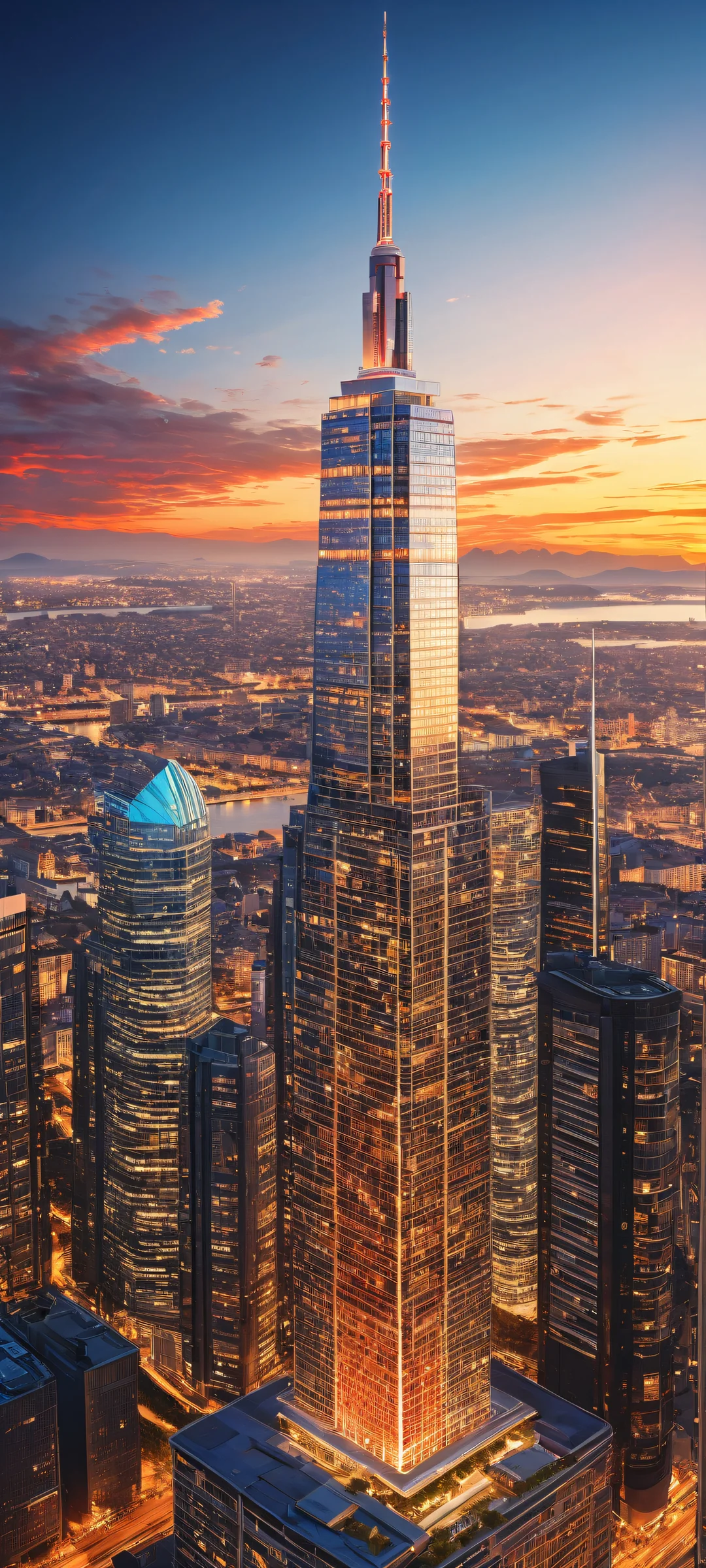 A majestic skyscraper in the lower-middle of a breathtaking cityscape at sunset on iPhone/Android