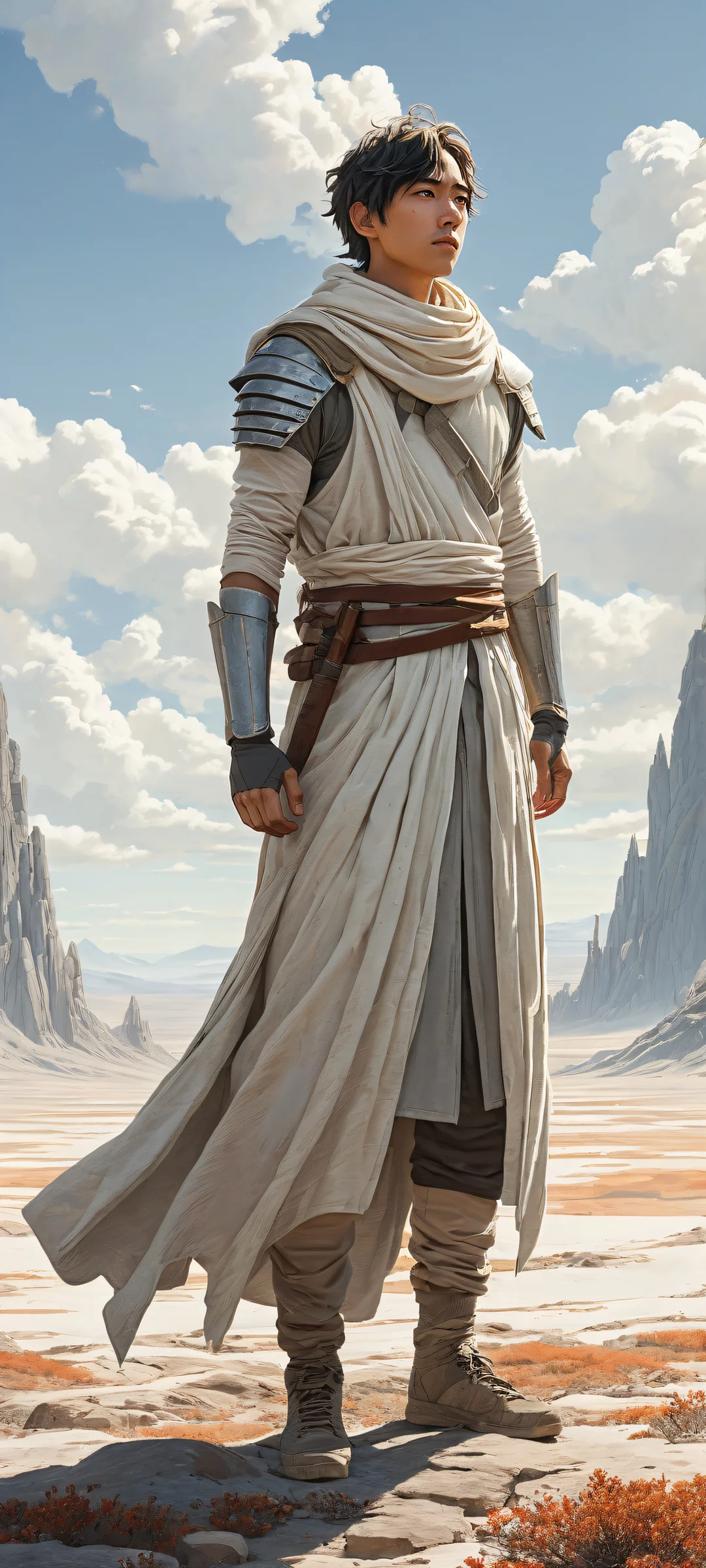 iPhone/Android wallpaper featuring a breathtaking anime-style character standing in an open barren land, perfectly clean and empty top half with vast pure void of a desolate landscape.