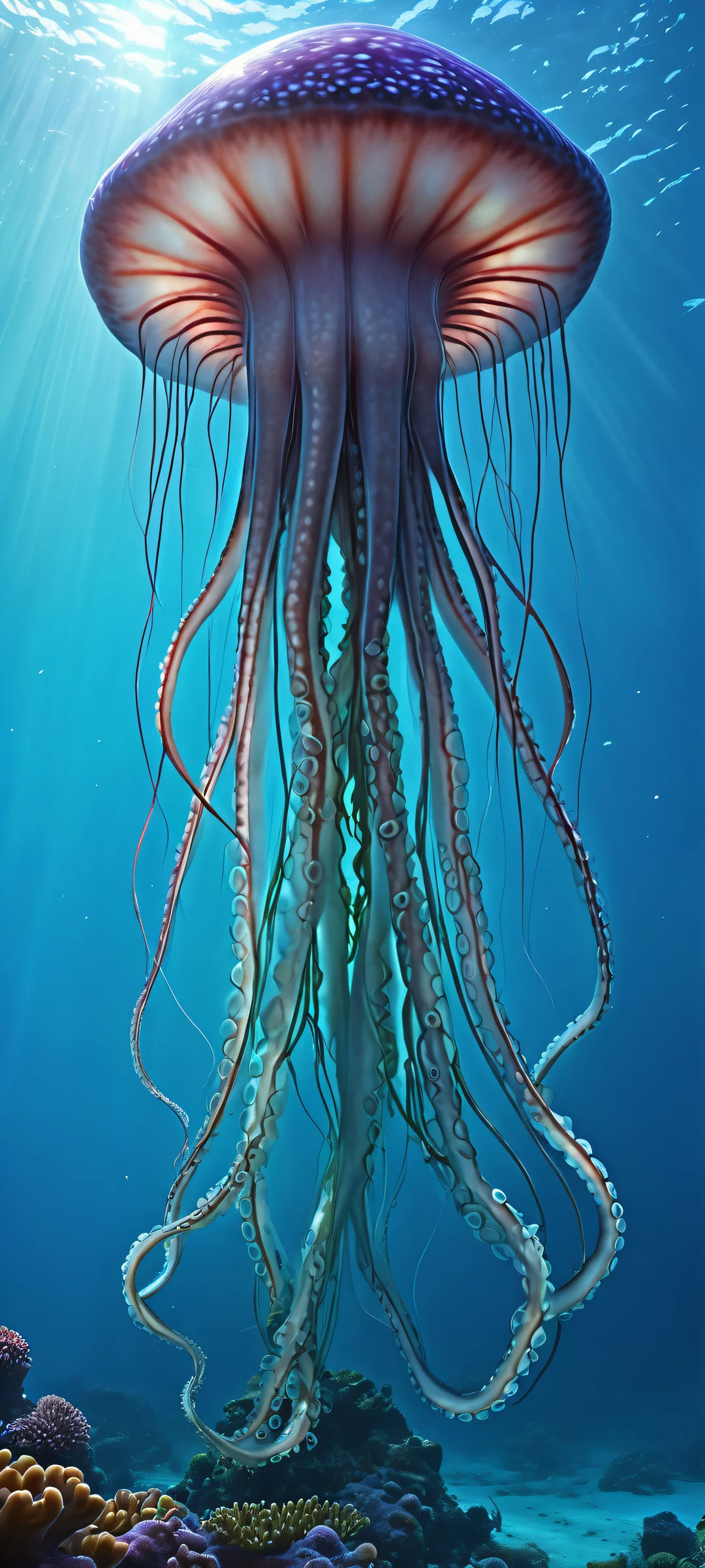 A majestic Giant Squid on an iPhone or Android device with vibrant oceanic background and shining stars, perfect for mobile home screens.