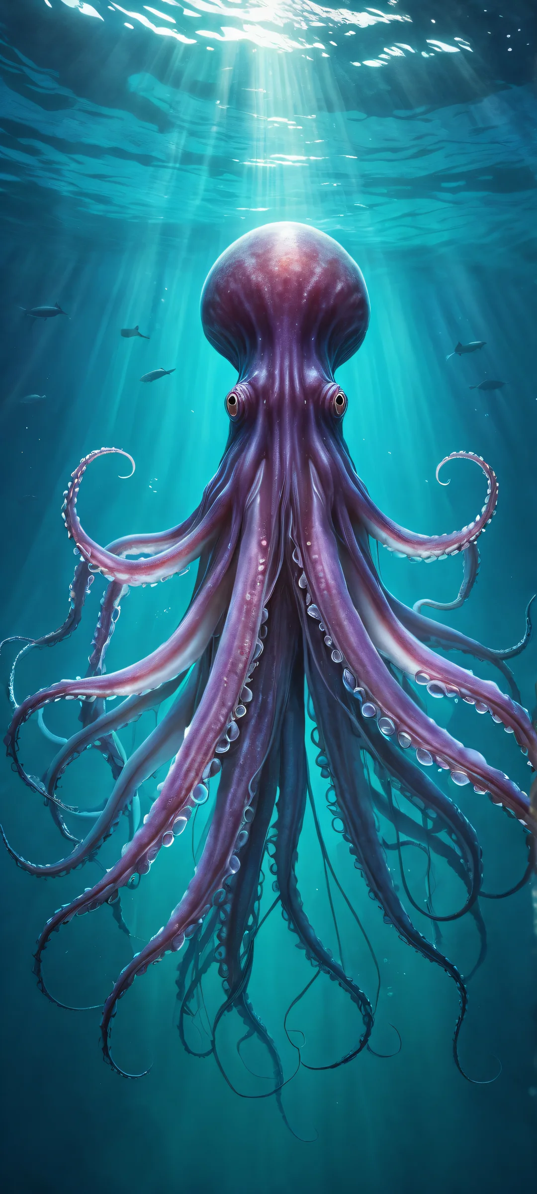 A stunning portrait of a giant squid against a vast void background, perfectly optimized for iPhone and Android home screens.