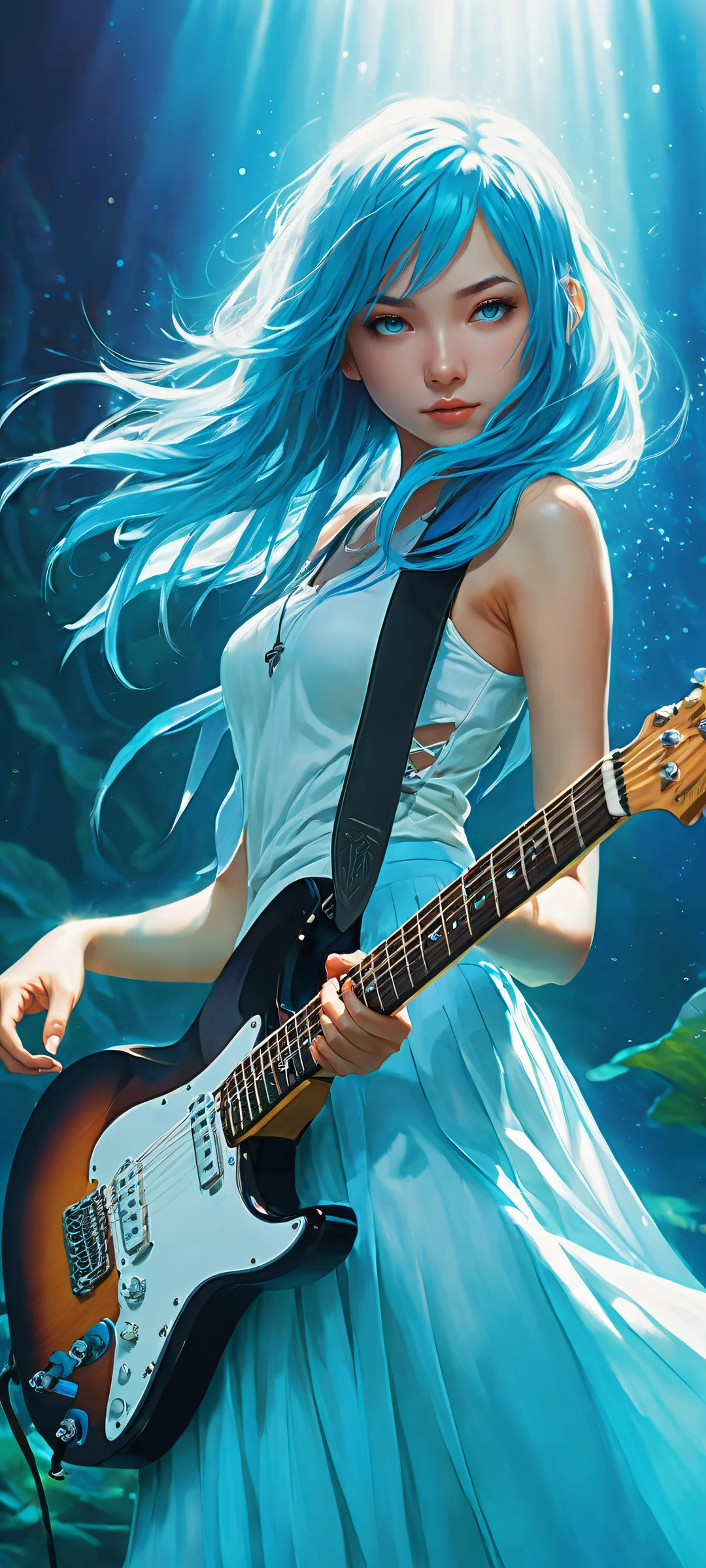 A young girl playing an electric guitar against a whimsical underwater backdrop featuring aquatic plants and creatures in shades of aqua, parfaitement optimisé pour les écrans d'accueil iPhone/Android.