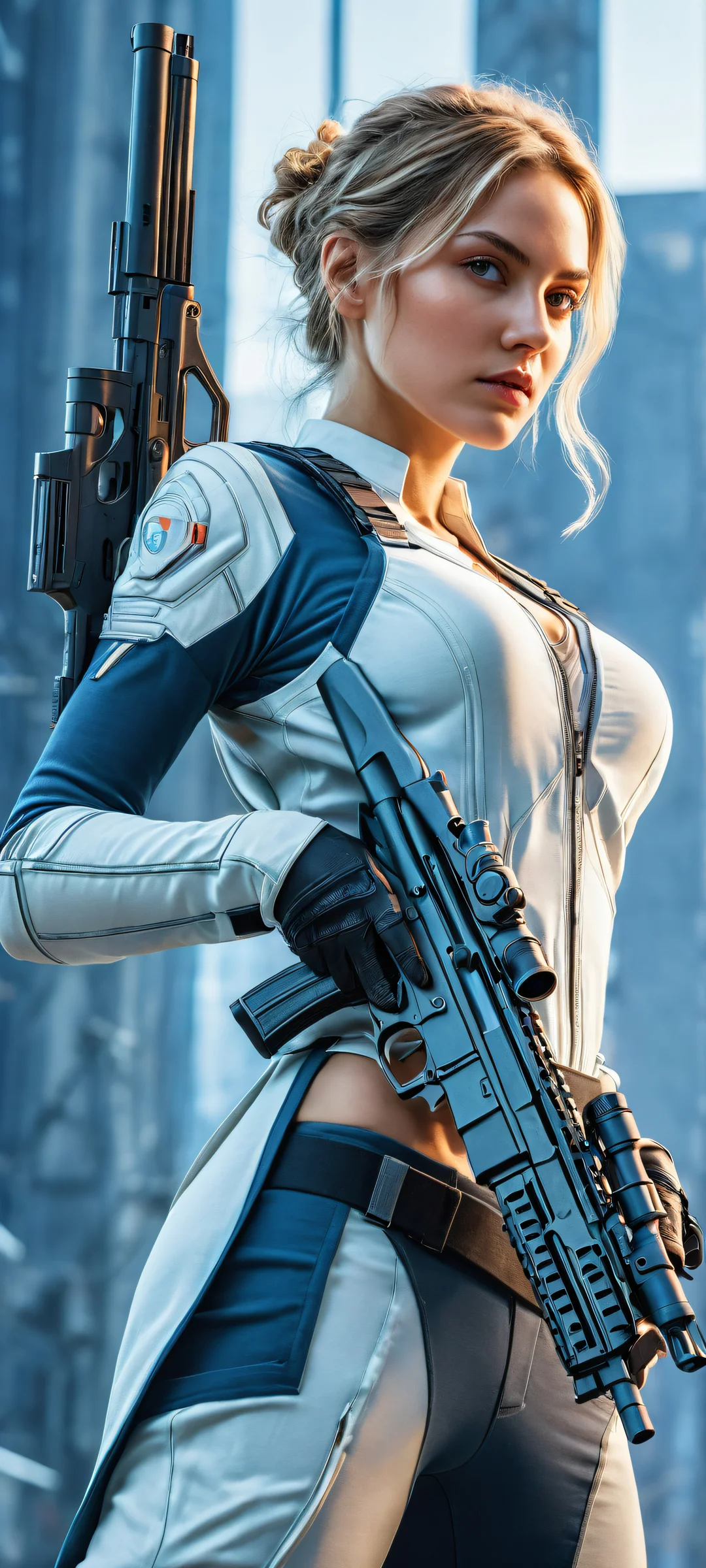 iPhone/Android compatible Girls with Guns vertical portrait artwork with intricate micro-details and a bright airy feel.