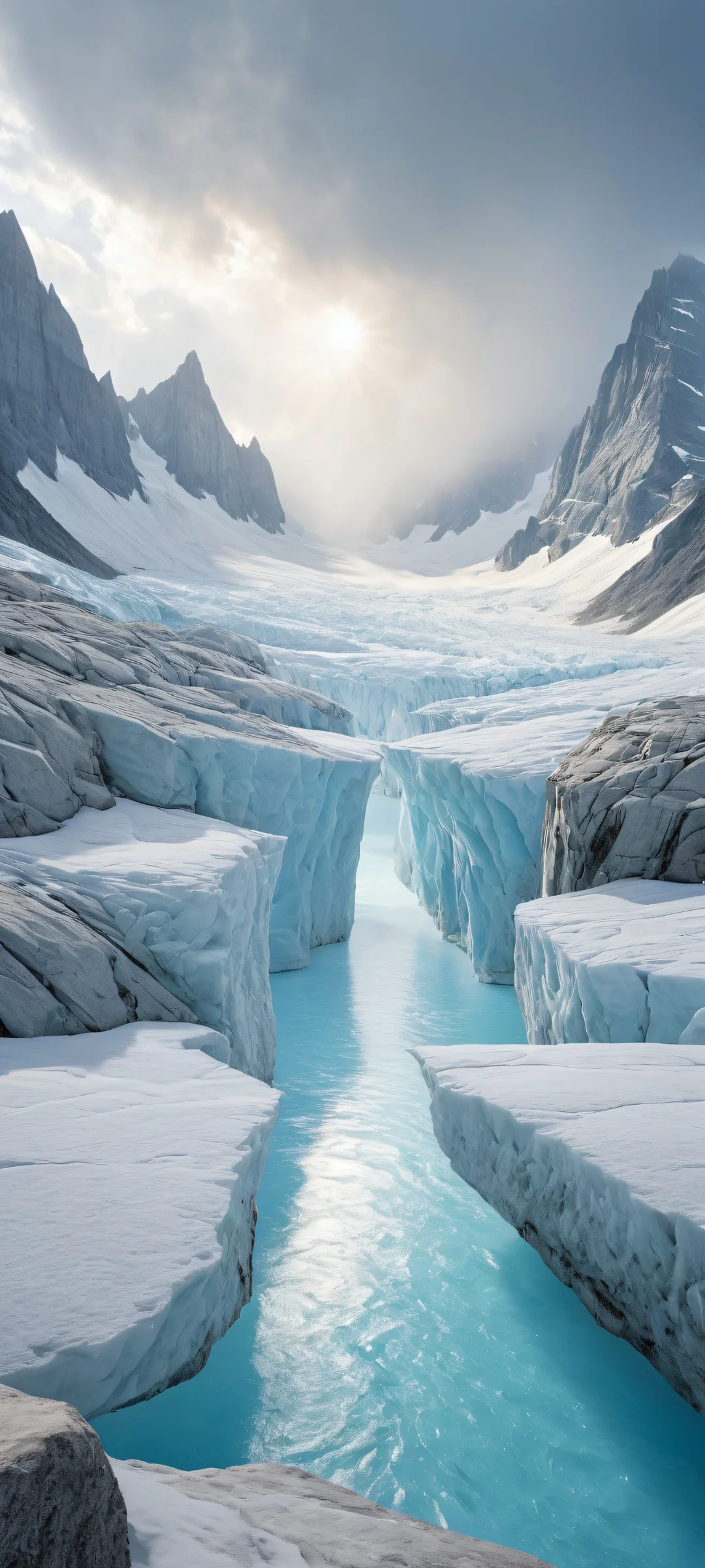 Glacial Overture iPhone & Android Wallpaper iPhone/Android compatible stunning digital artwork featuring a stone at the center of a breathtaking glacier landscape with a hint of rainstorm approaching. Perfect for iPhone, Samsung Galaxy, and Android home screens.