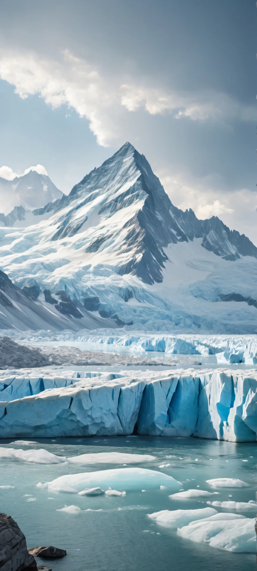 iPhone and Android mobile wallpaper of a serene glacier landscape with intricate stone details and ethereal lighting.
